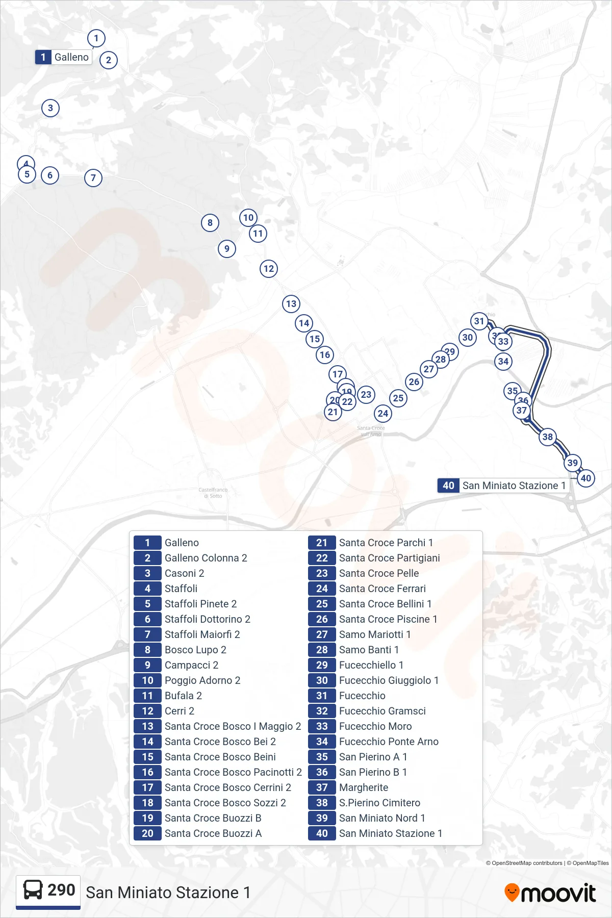 Linea 290 bus (San Miniato Stazione 1) - Percorsi e fermate sulla mappa