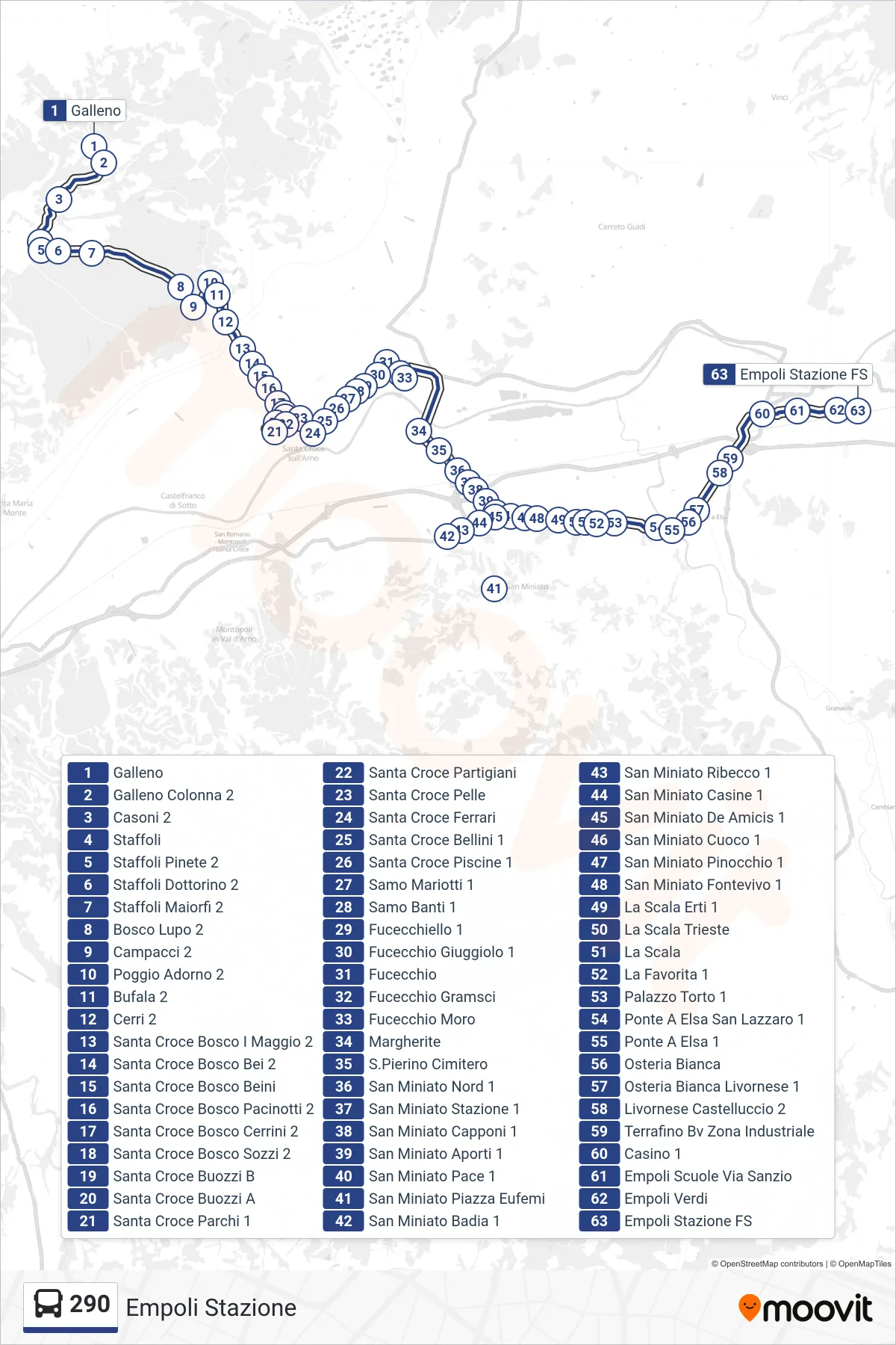 Linea 290  bus (Empoli Stazione) - Percorsi e fermate sulla mappa