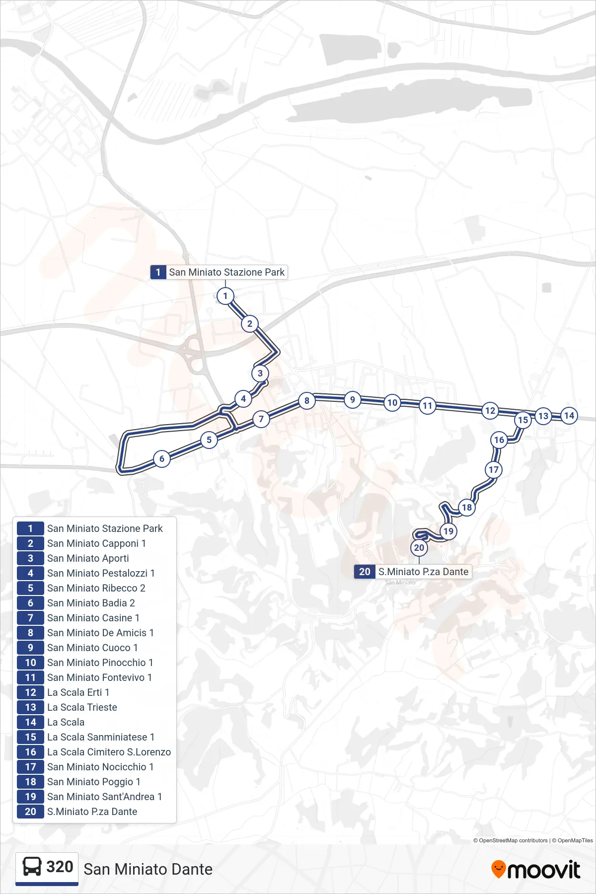 Linea 320 bus (San Miniato Dante) - Percorsi e fermate sulla mappa