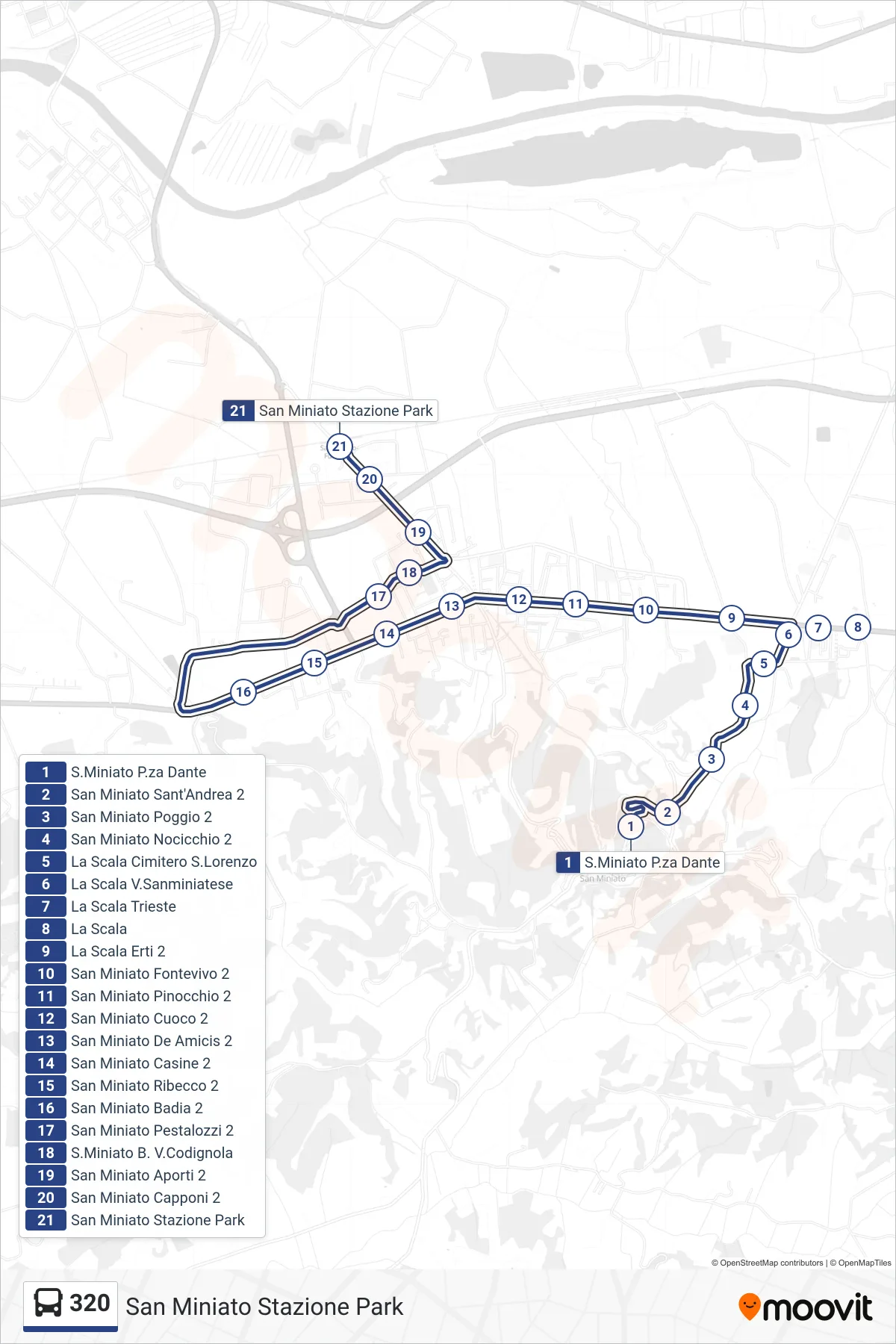 Linea 320 bus (San Miniato Stazione Park) - Percorsi e fermate sulla mappa