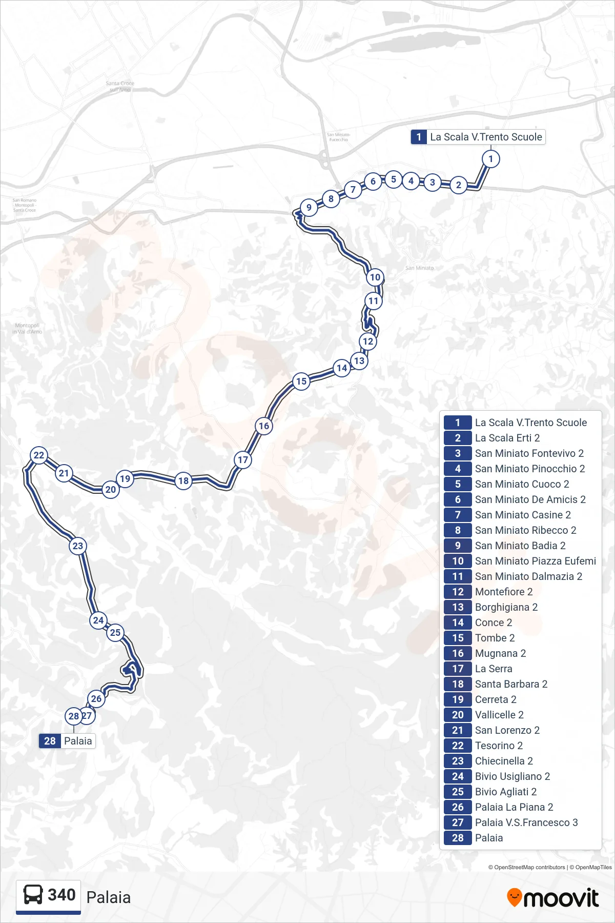 Linea 340  bus (Palaia) - Percorsi e fermate sulla mappa