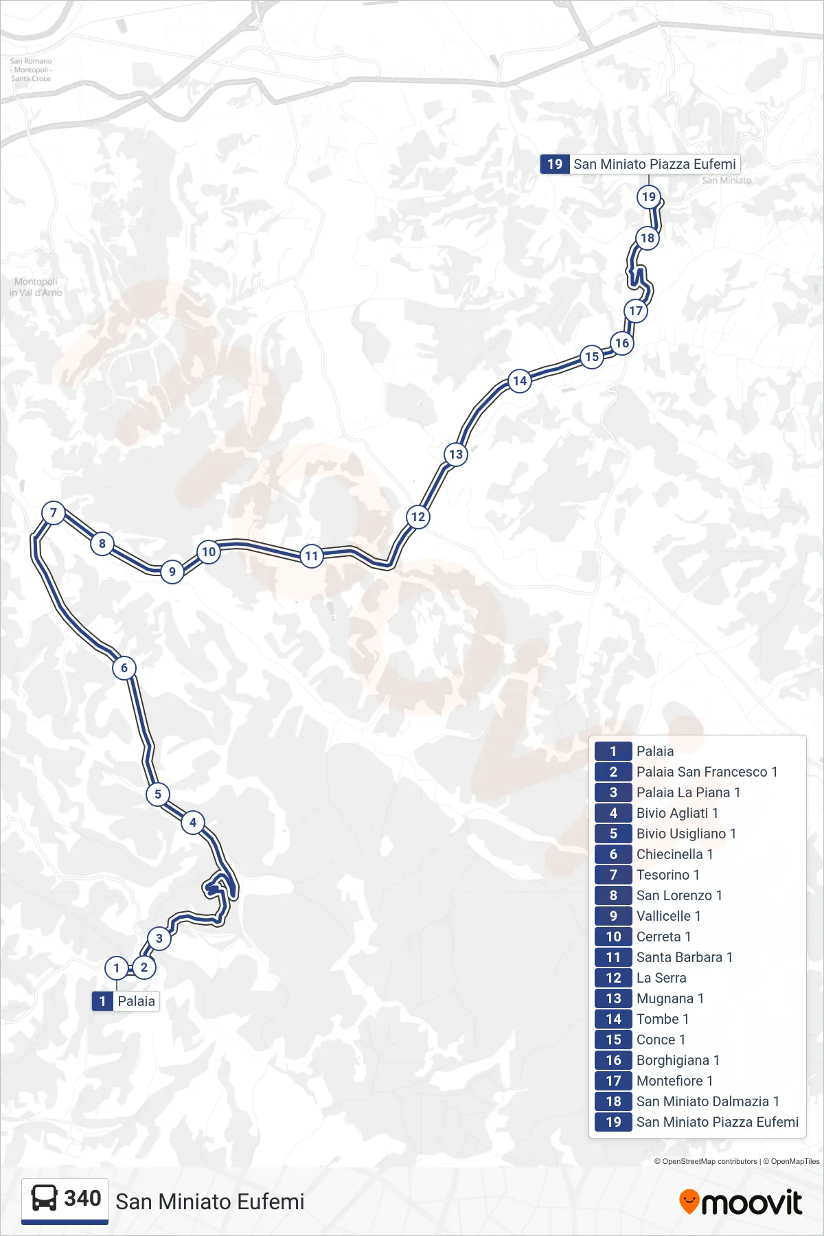 Linea 340  bus (San Miniato Eufemi) - Percorsi e fermate sulla mappa