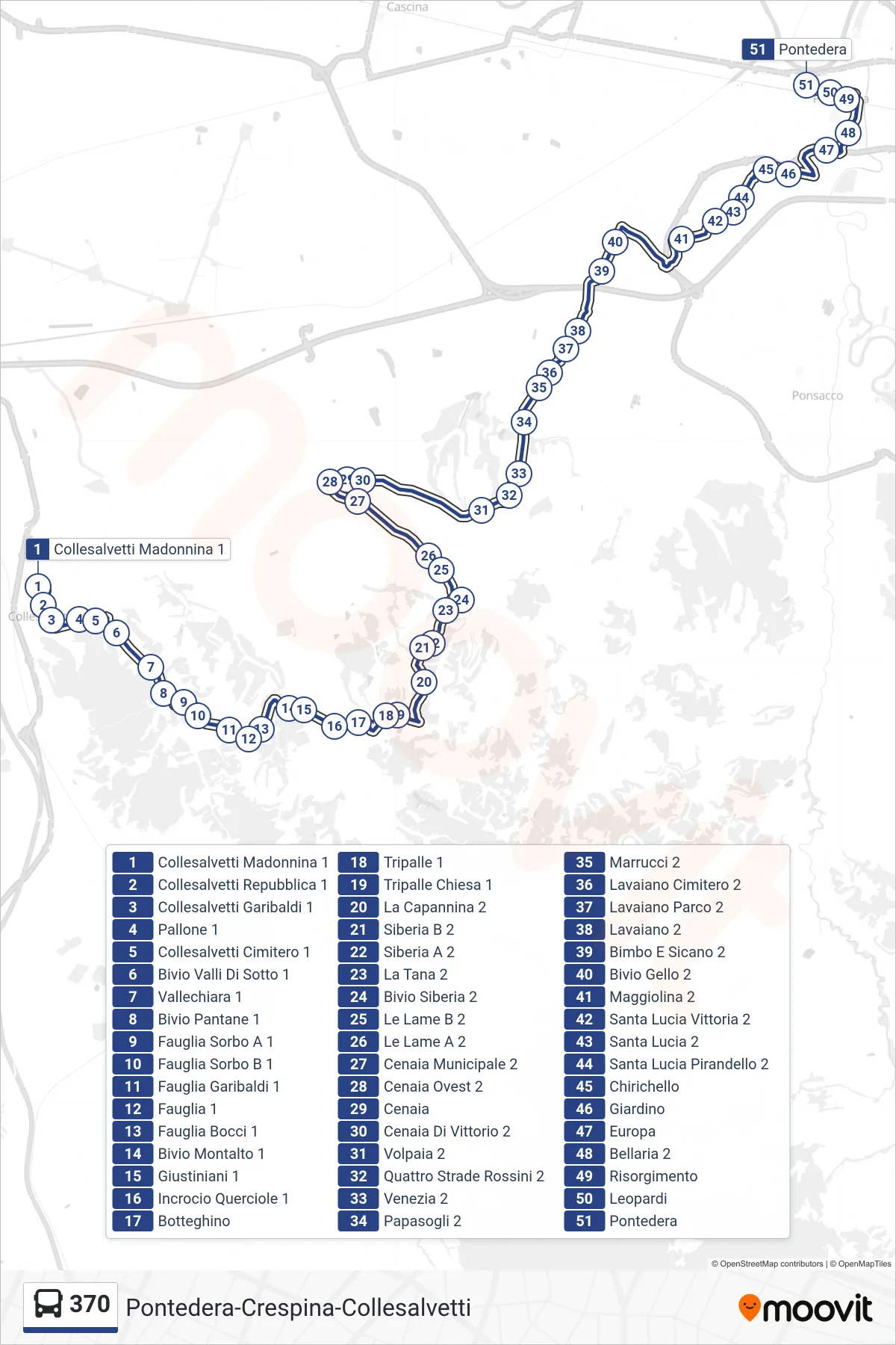 Linea 370 bus (Pontedera) - Percorsi e fermate sulla mappa