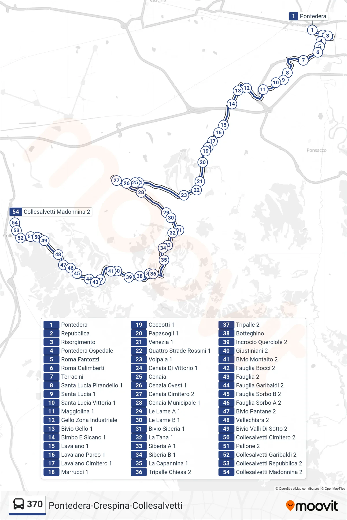 Linea 370 bus (Collesalvetti Madonnina 2) - Percorsi e fermate sulla mappa