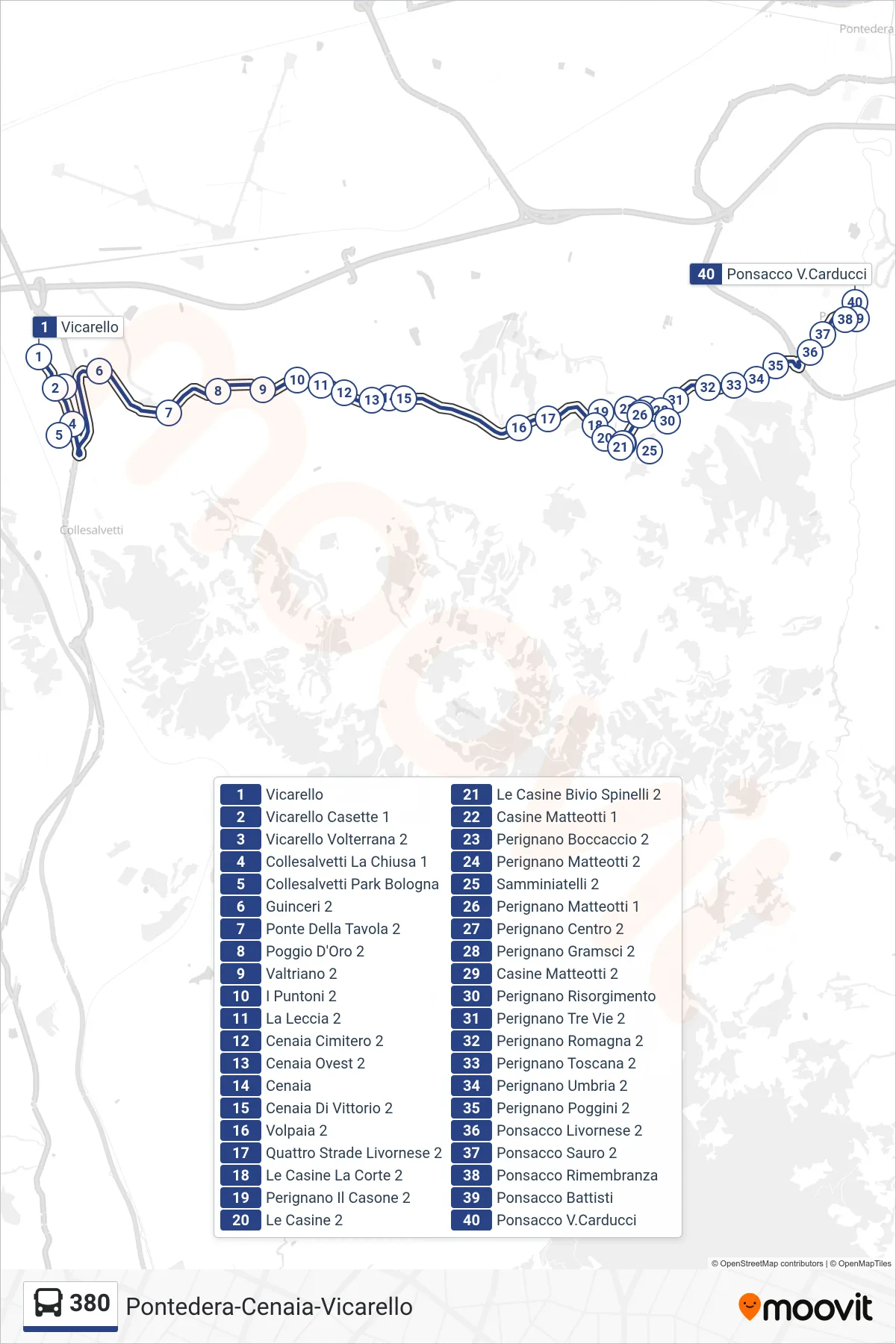 Linea 380 bus (Ponsacco Carducci) - Percorsi e fermate sulla mappa