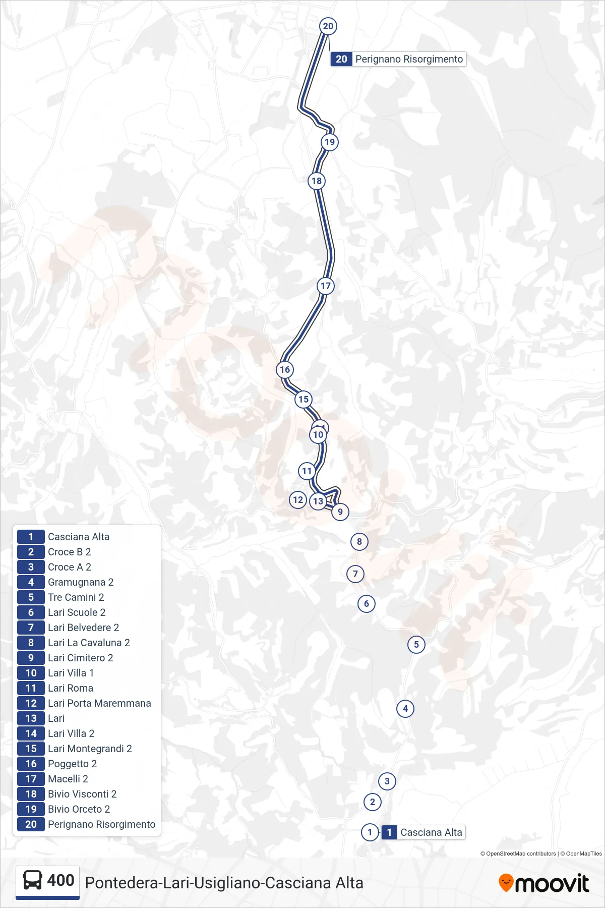 Linea 400  bus (Perignano Risorgimento) - Percorsi e fermate sulla mappa