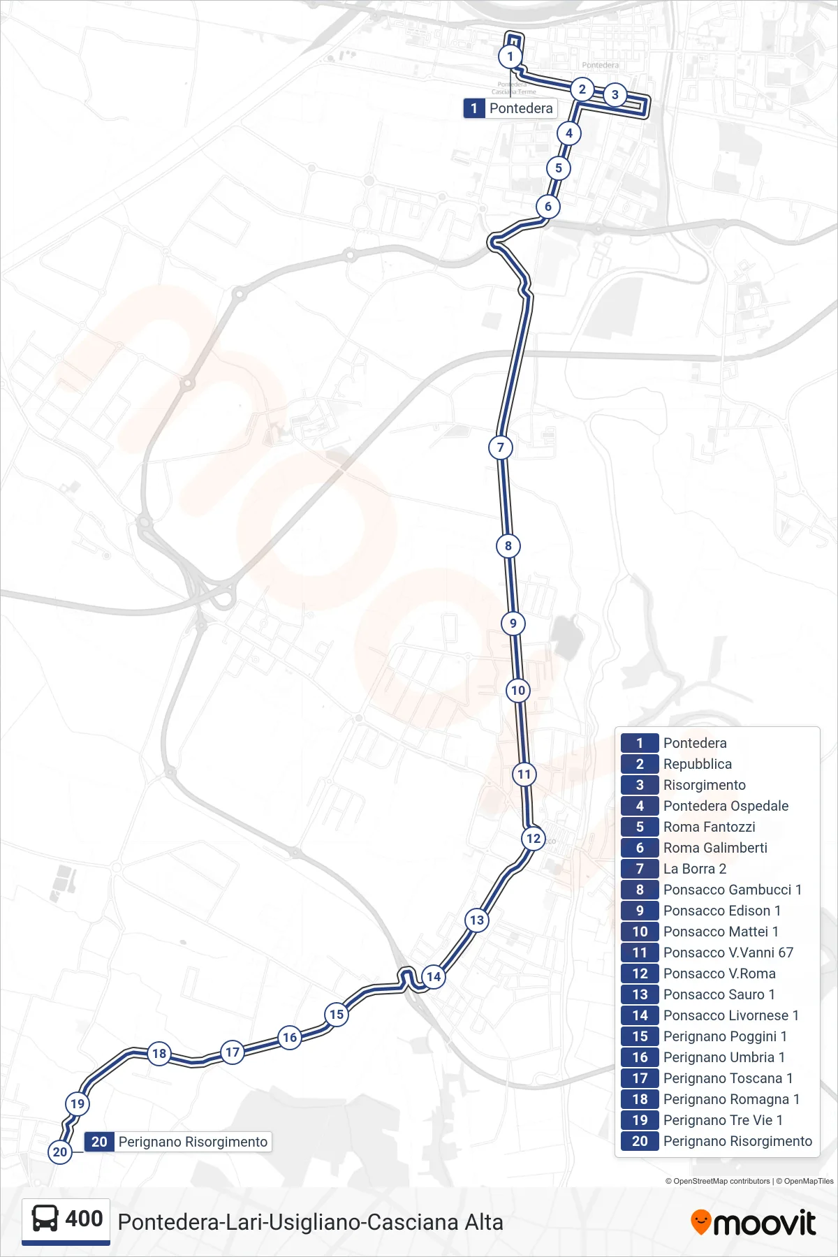 Linea 400 bus (Perignano Risorgimento) - Percorsi e fermate sulla mappa