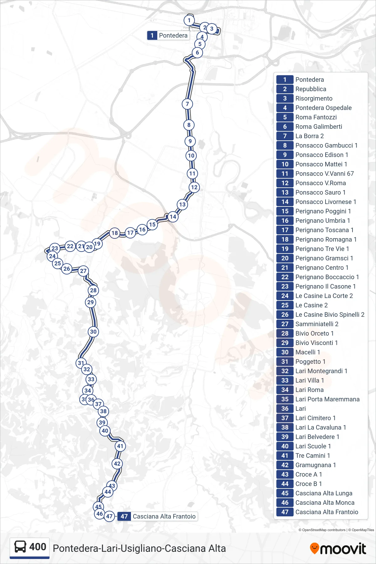 Linea 400 bus (Casciana Alta Frantoio) - Percorsi e fermate sulla mappa
