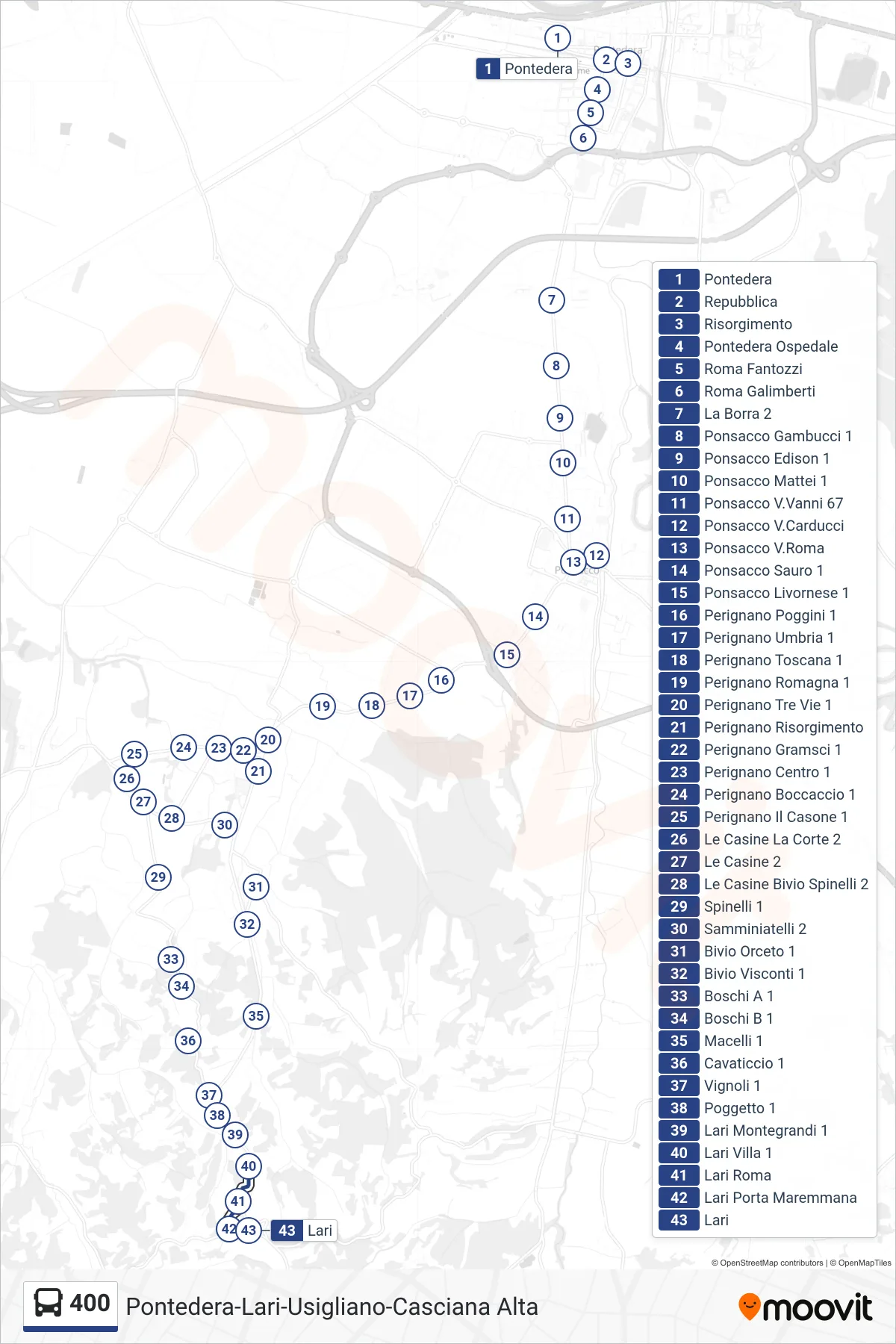 Linea 400  bus (Lari) - Percorsi e fermate sulla mappa