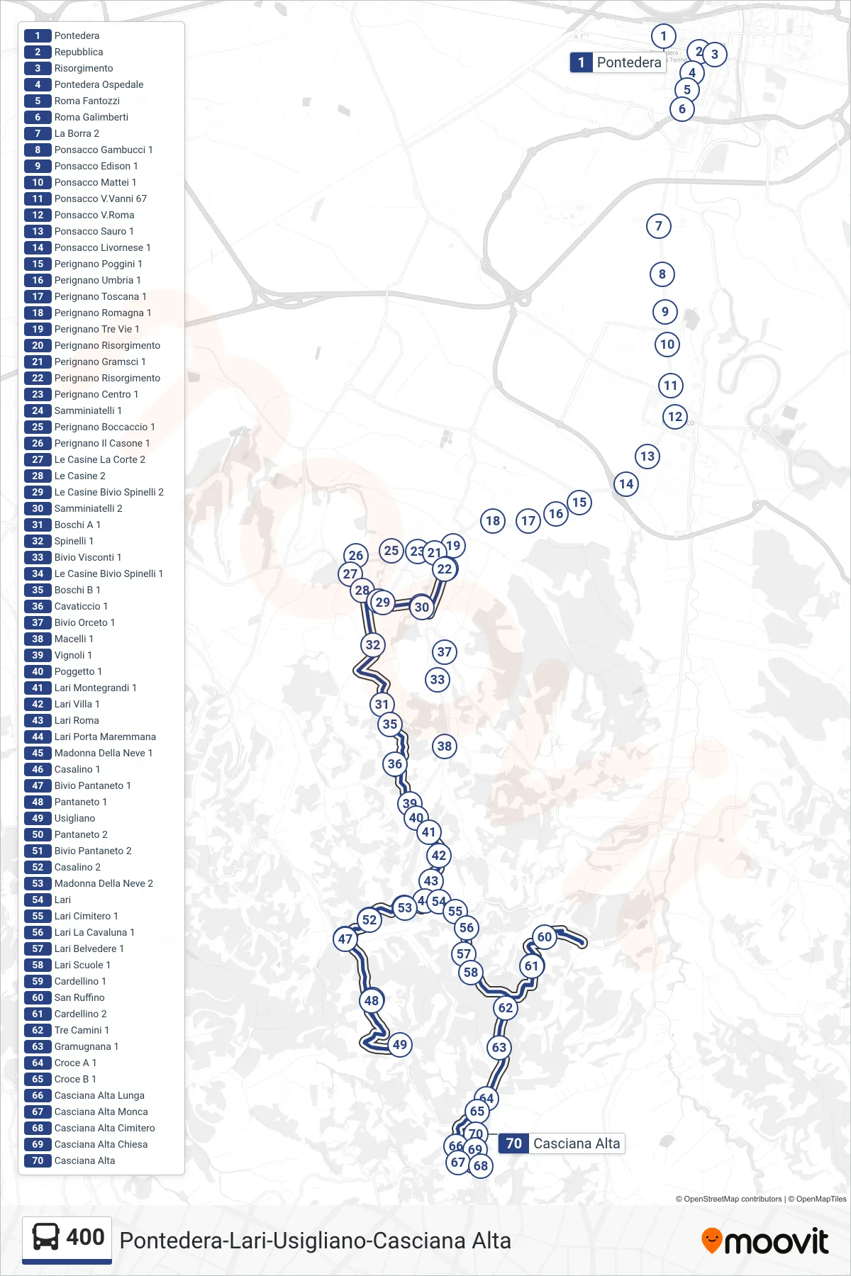 Linea 400  bus (Casciana Alta) - Percorsi e fermate sulla mappa