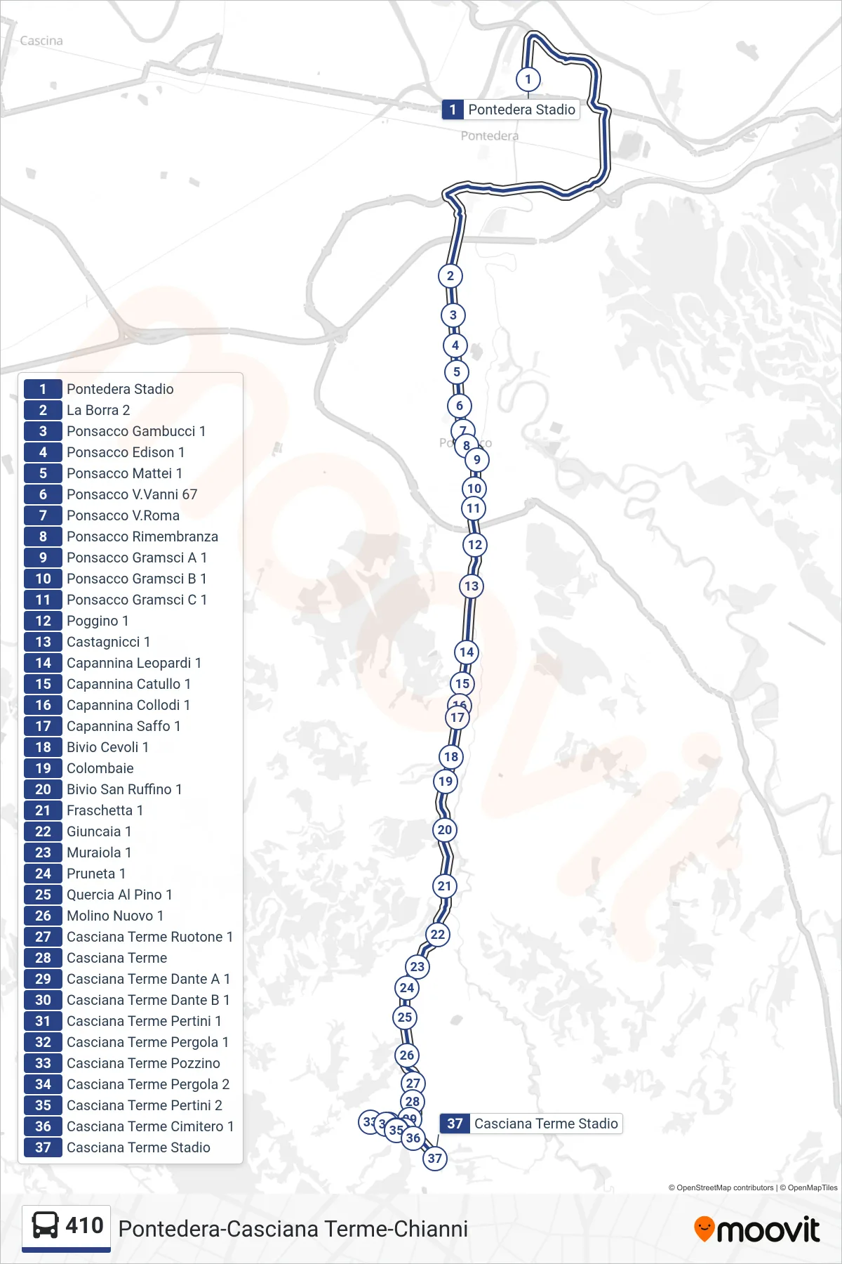 Linea 410  bus (Casciana Terme Stadio) - Percorsi e fermate sulla mappa