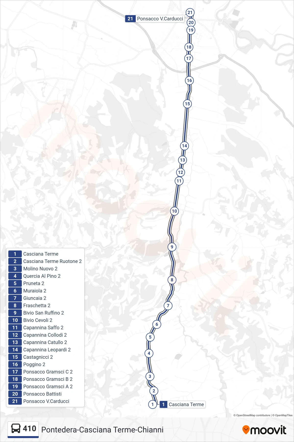 Linea 410 bus (Ponsacco Carducci) - Percorsi e fermate sulla mappa