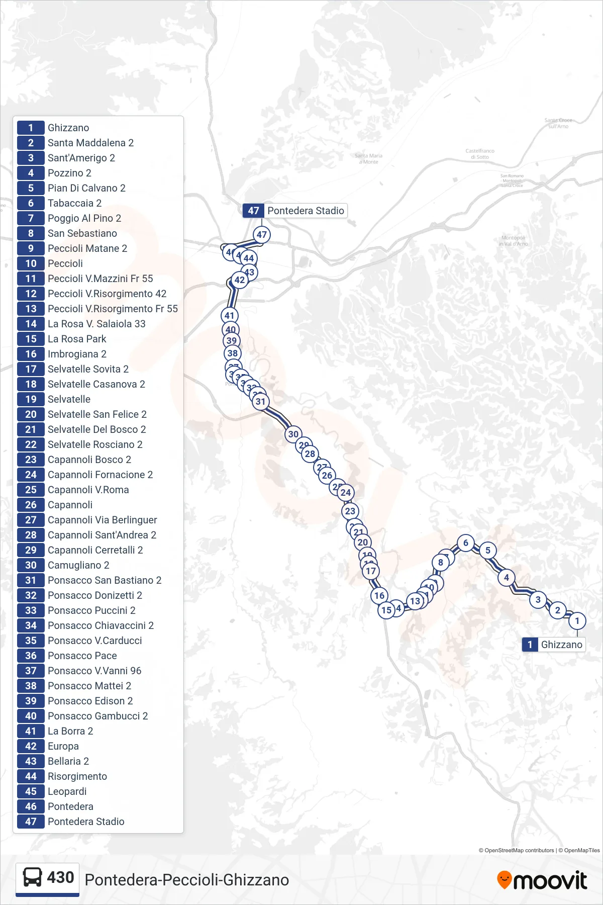 Linea 430 bus (Pontedera Stadio) - Percorsi e fermate sulla mappa