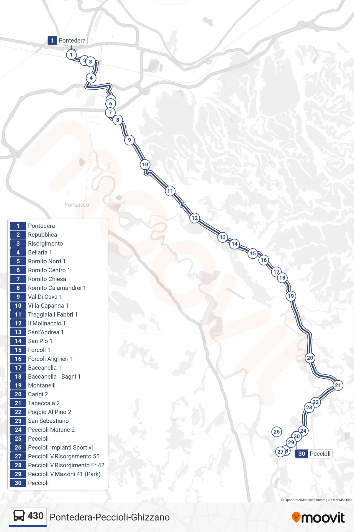 Linea 430  bus (Peccioli) - Percorsi e fermate sulla mappa