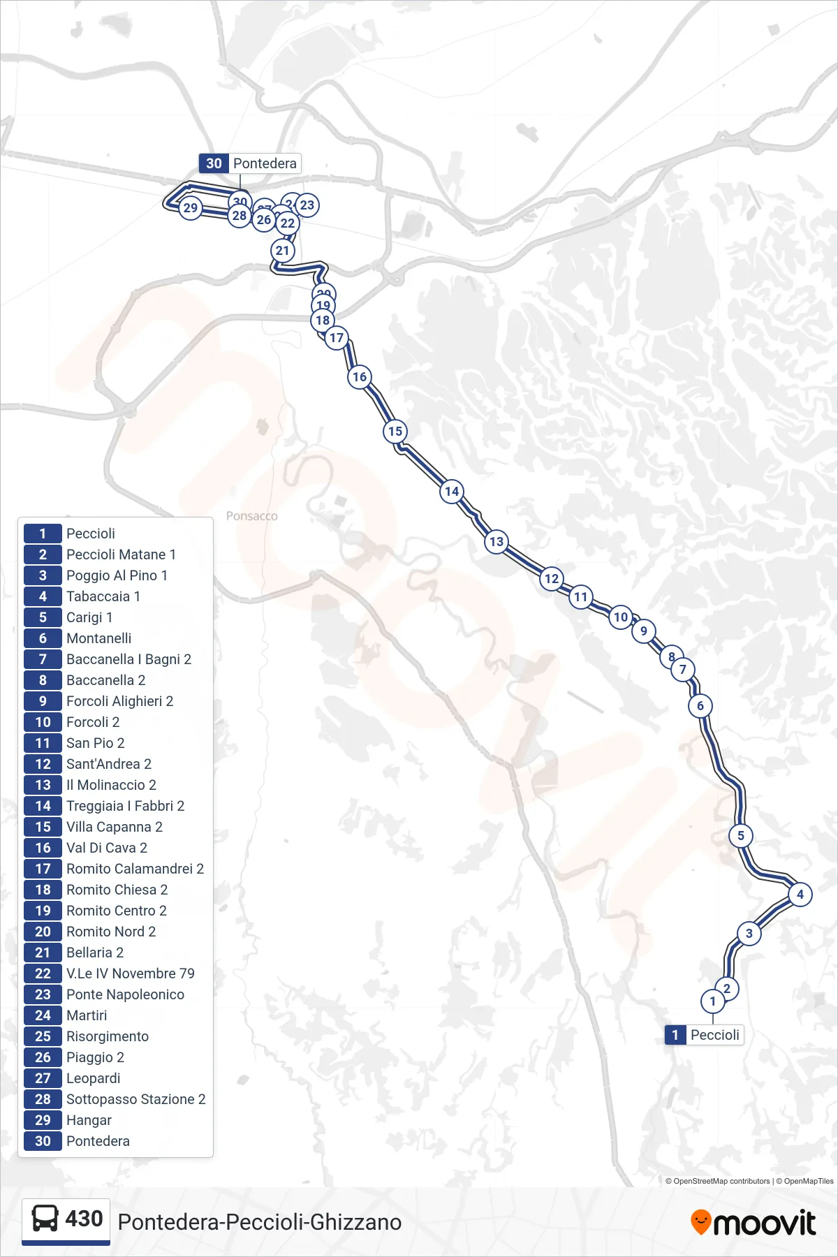 Linea 430 bus (Pontedera) - Percorsi e fermate sulla mappa