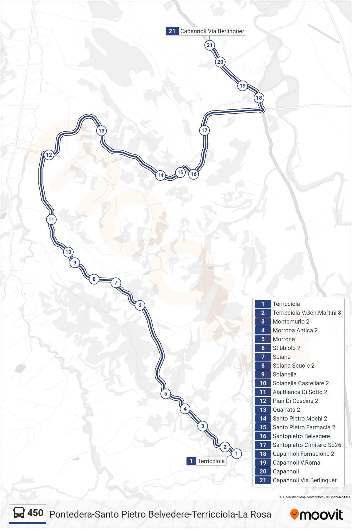 Linea 450 bus (Capannoli Berlinguer) - Percorsi e fermate sulla mappa