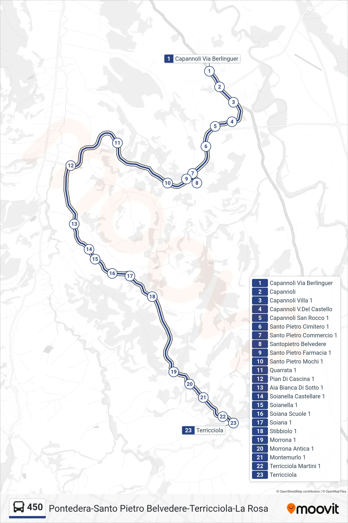 Linea 450 bus (Terricciola) - Percorsi e fermate sulla mappa