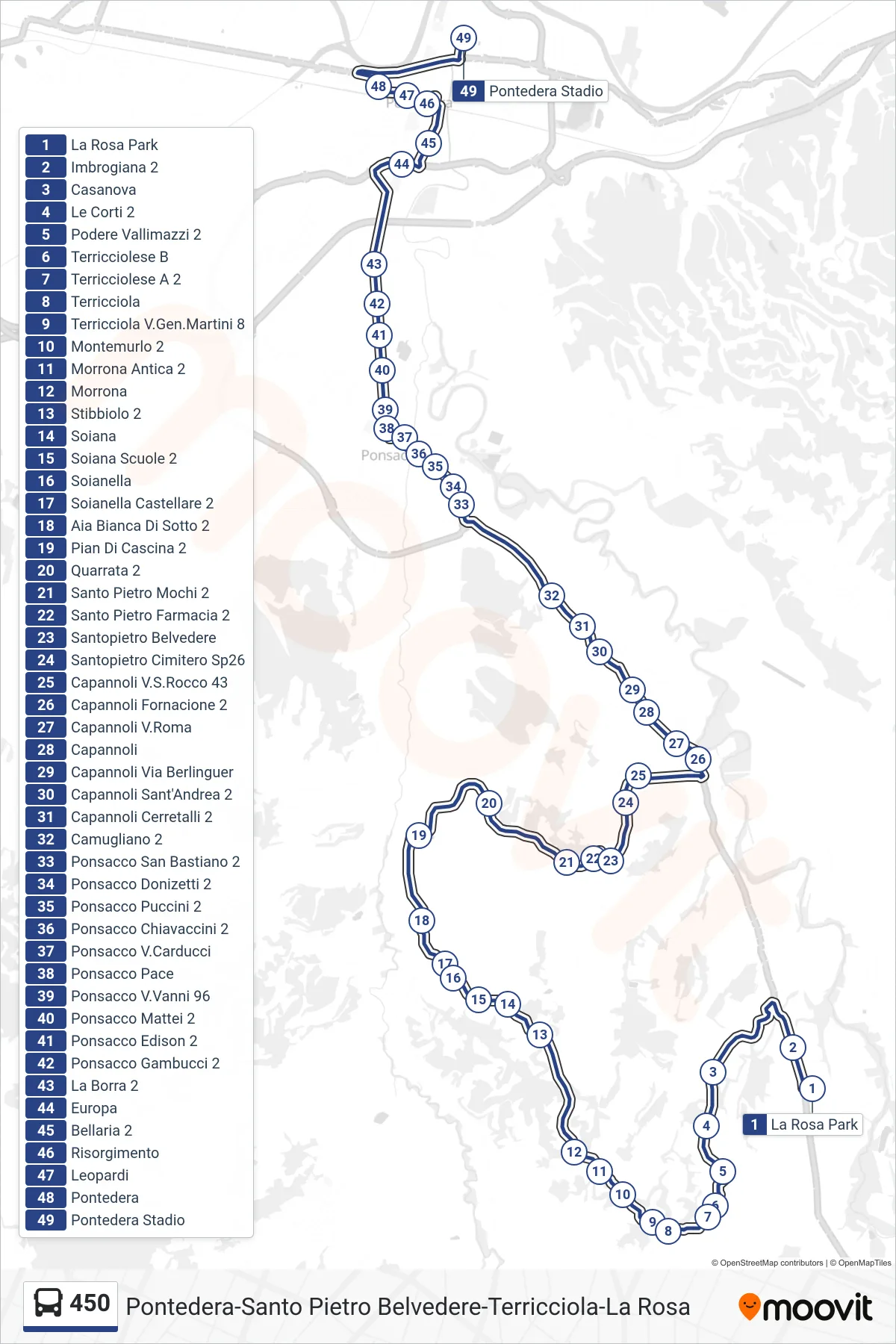 Linea 450  bus (Pontedera Stadio) - Percorsi e fermate sulla mappa