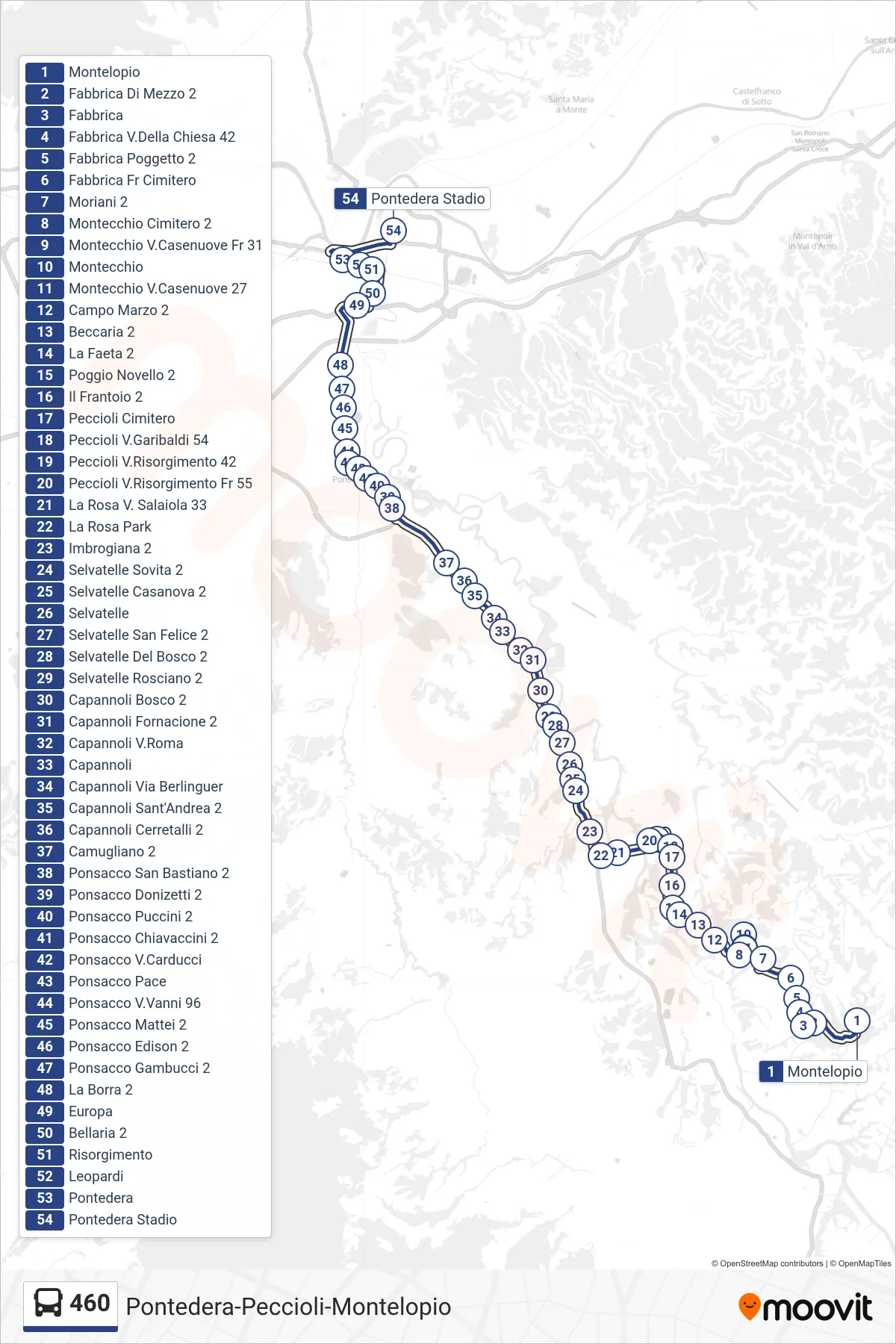 Linea 460 bus (Pontedera Stadio) - Percorsi e fermate sulla mappa