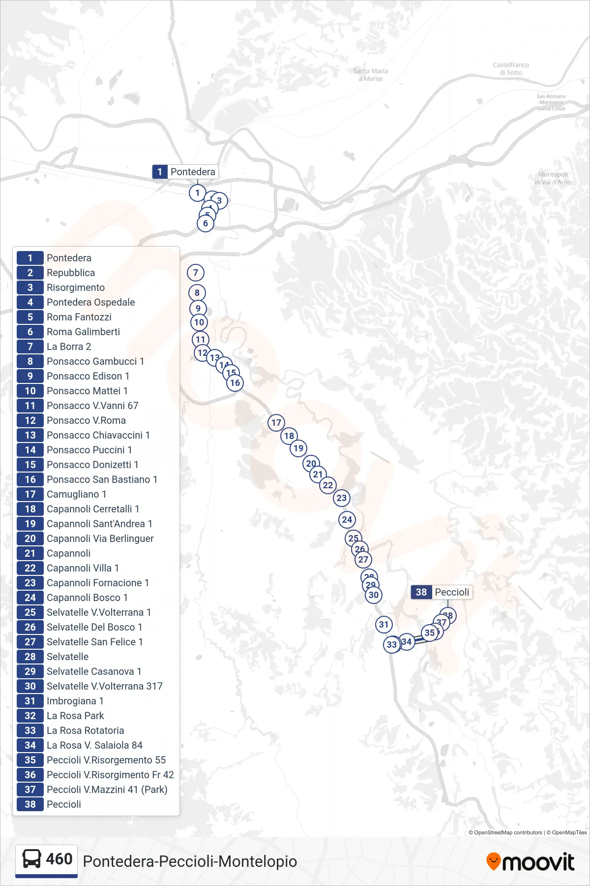 Linea 460 bus (Peccioli) - Percorsi e fermate sulla mappa