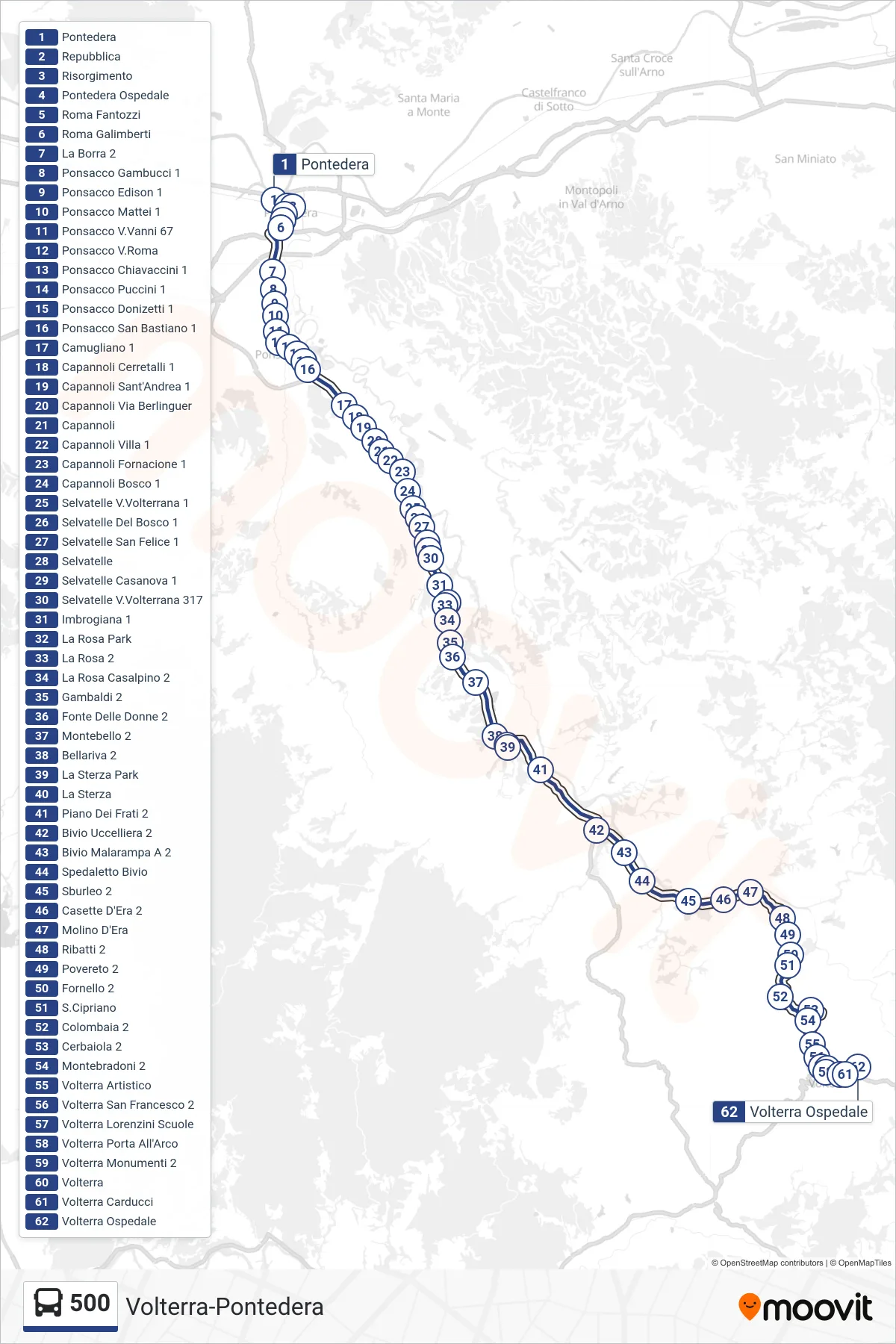 Linea 500 bus (Volterra Ospedale) - Percorsi e fermate sulla mappa