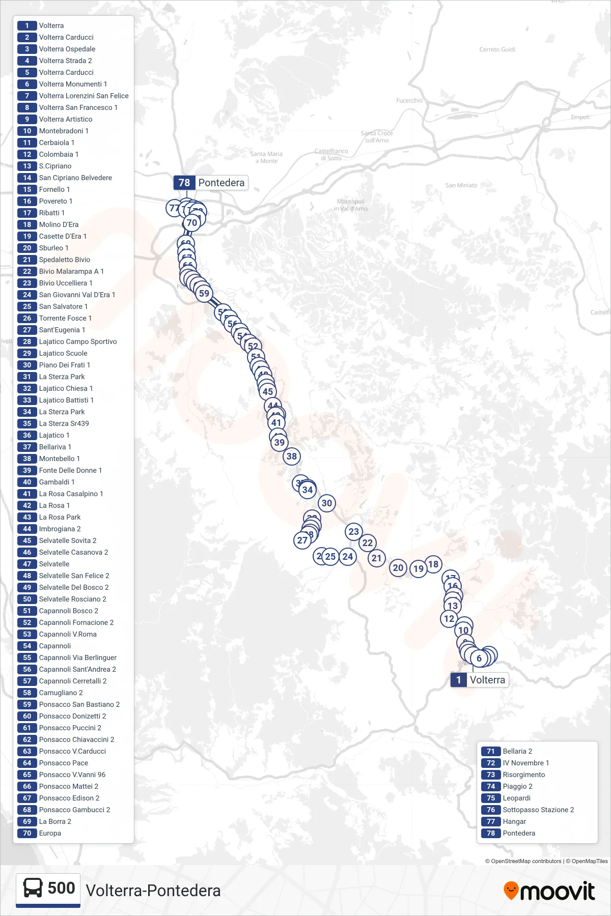 Linea 500 bus (Pontedera) - Percorsi e fermate sulla mappa