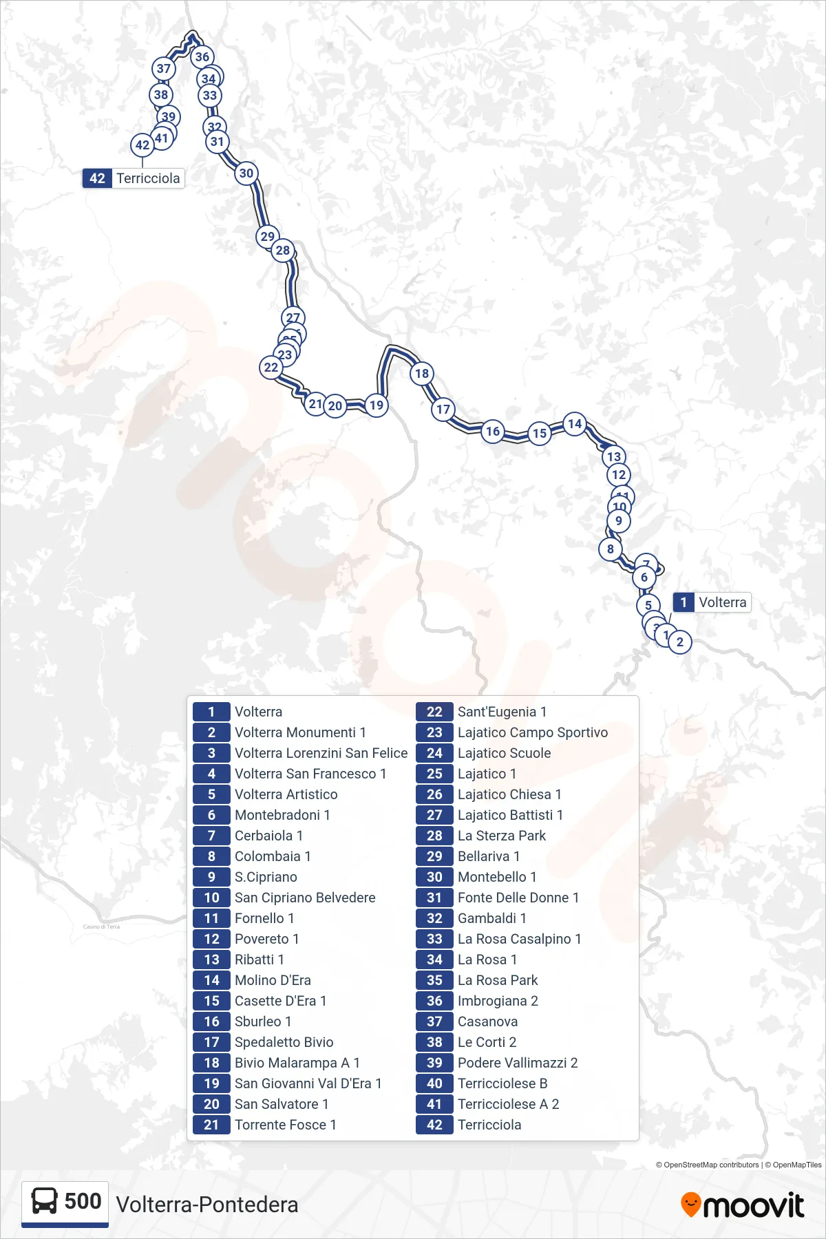 Linea 500 bus (Terricciola) - Percorsi e fermate sulla mappa