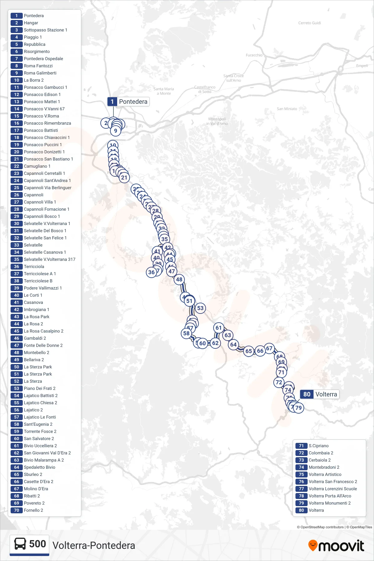 Linea 500 bus (Volterra) - Percorsi e fermate sulla mappa