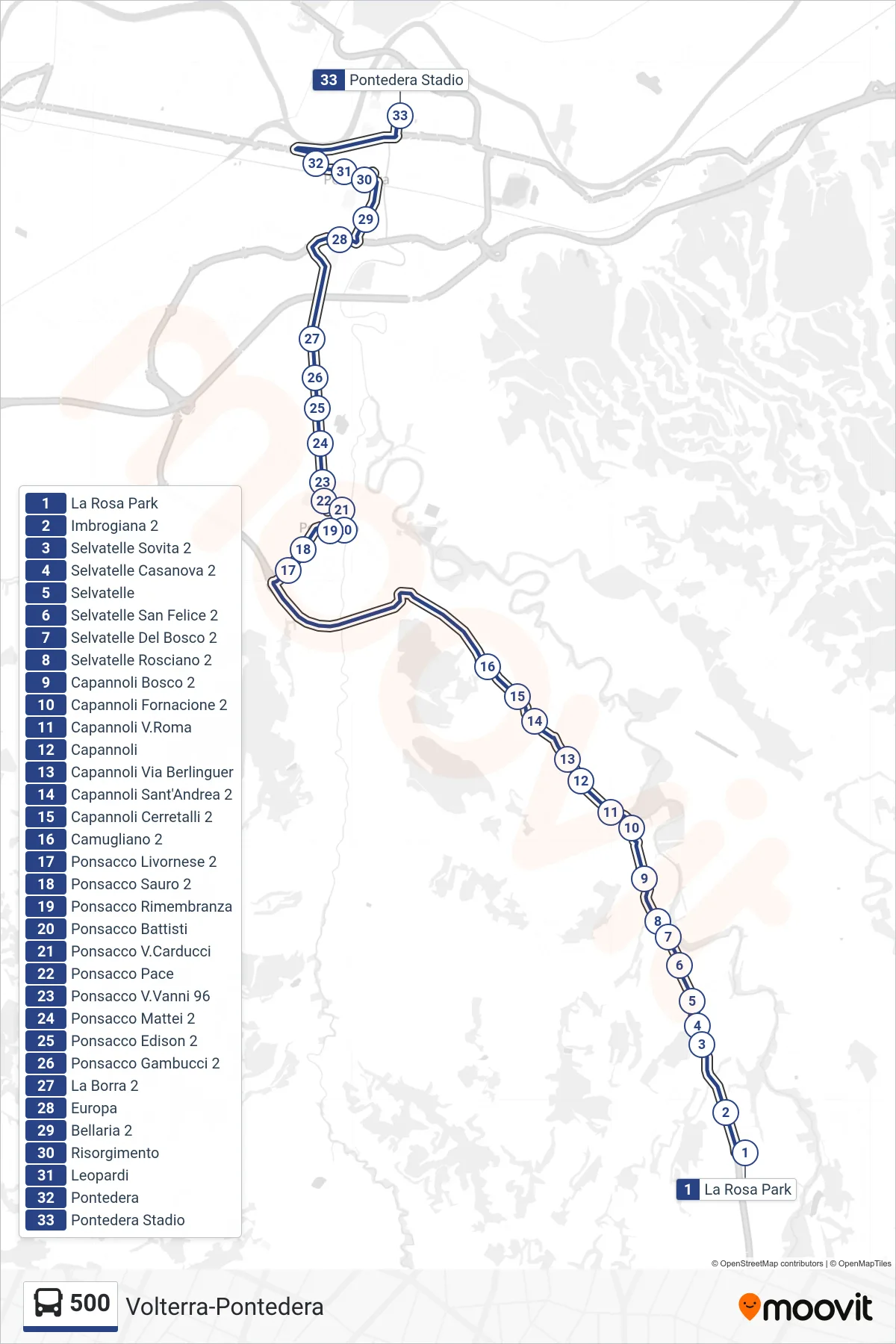 Linea 500 bus (Pontedera Stadio) - Percorsi e fermate sulla mappa