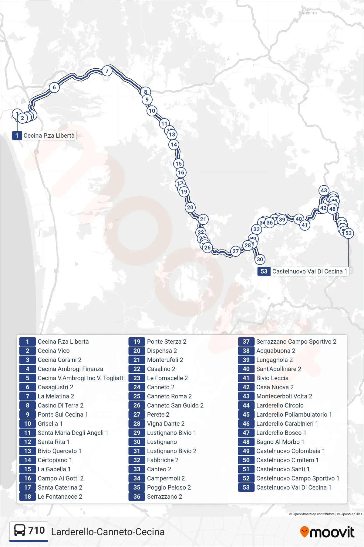 Linea 710  bus (Castelnuovo Val Di Cecina 1) - Percorsi e fermate sulla mappa