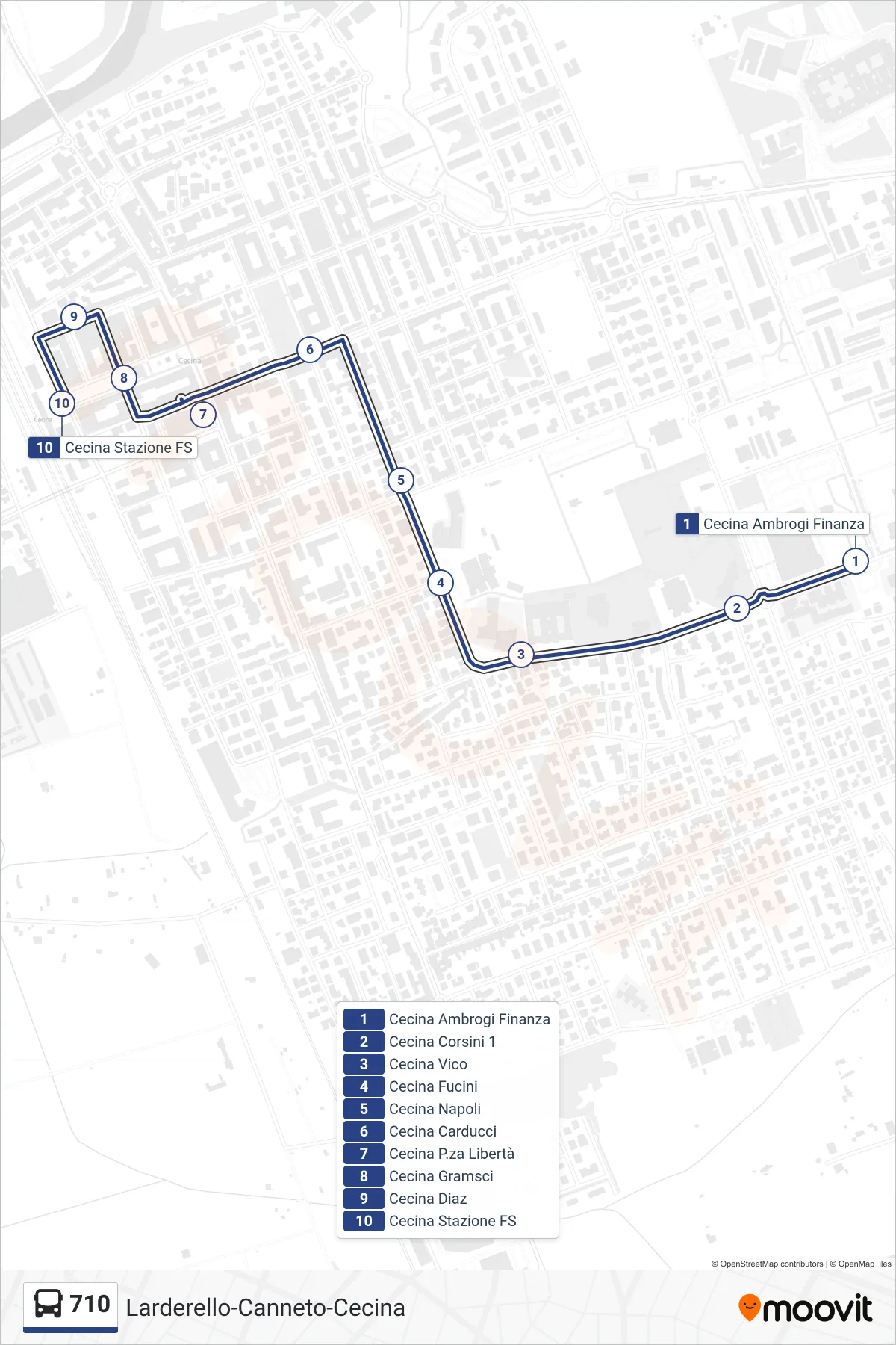 Linea 710  bus (Cecina Stazione) - Percorsi e fermate sulla mappa