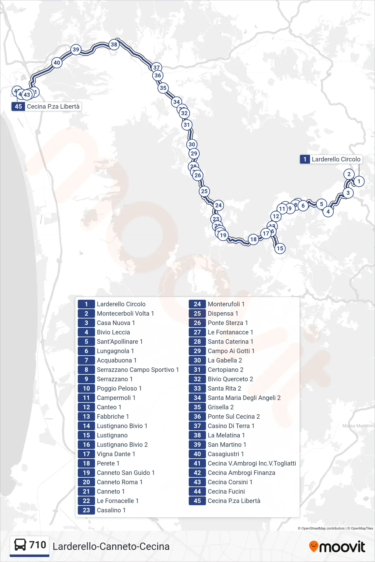 Linea 710 bus (Cecina Libertà) - Percorsi e fermate sulla mappa