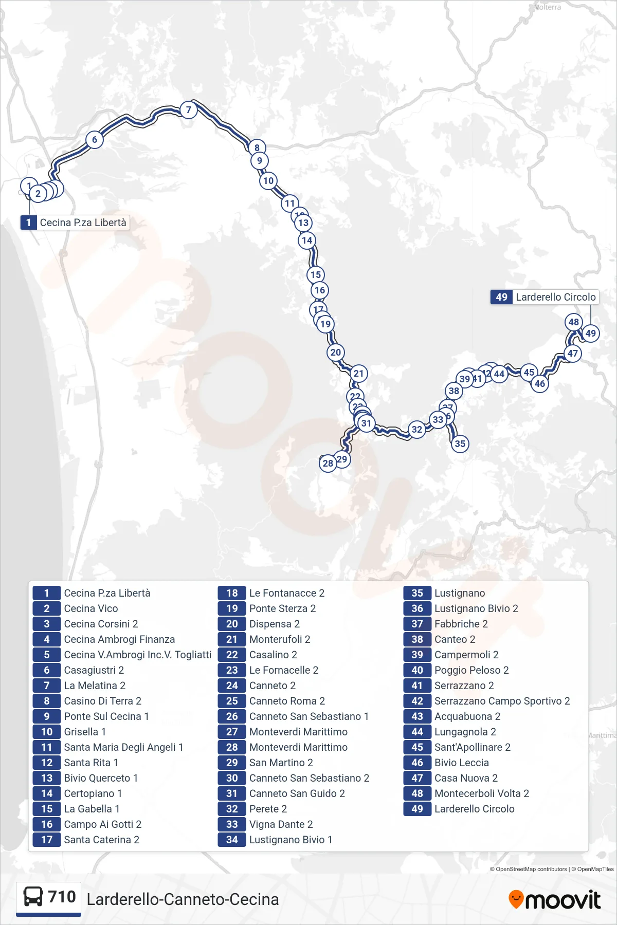 Linea 710 bus (Larderello Circolo) - Percorsi e fermate sulla mappa