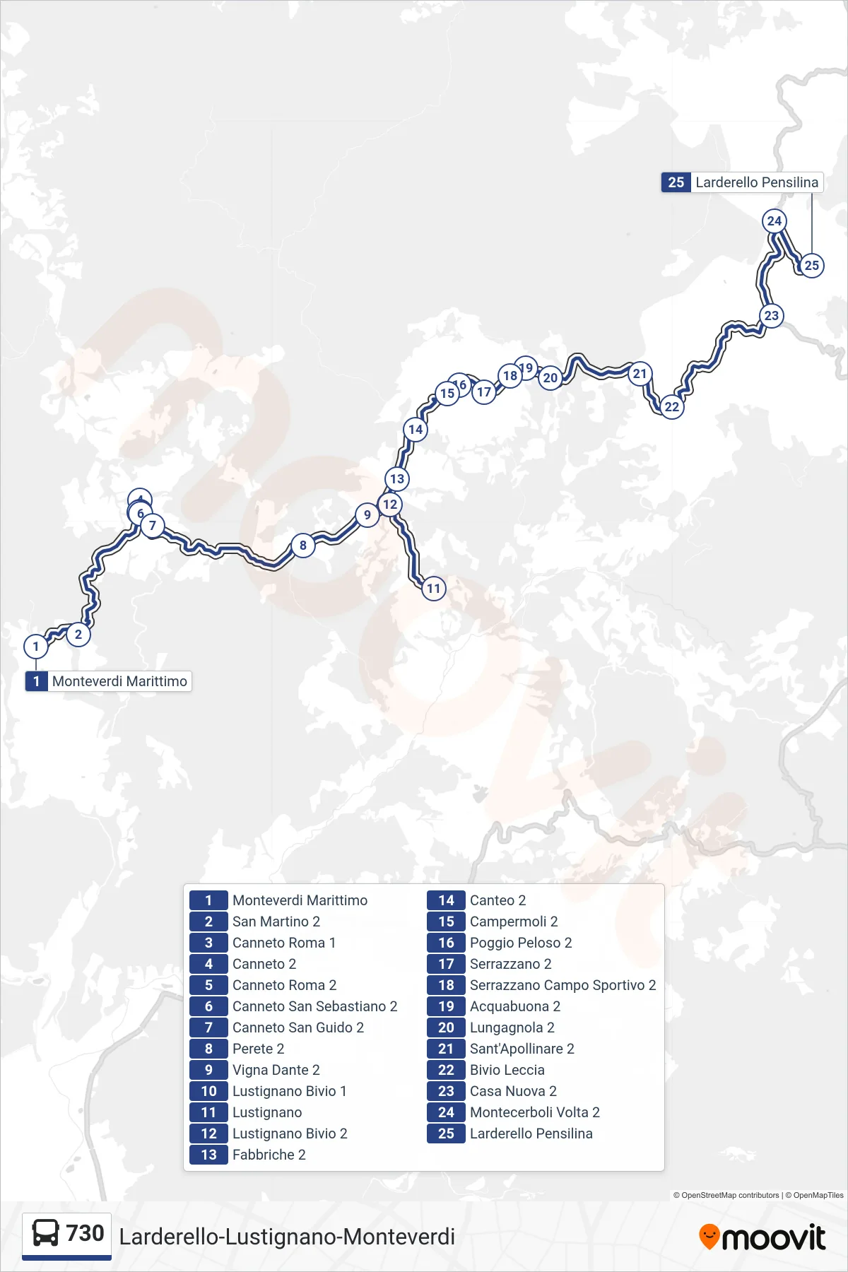 Linea 730 bus (Larderello Pensilina) - Percorsi e fermate sulla mappa
