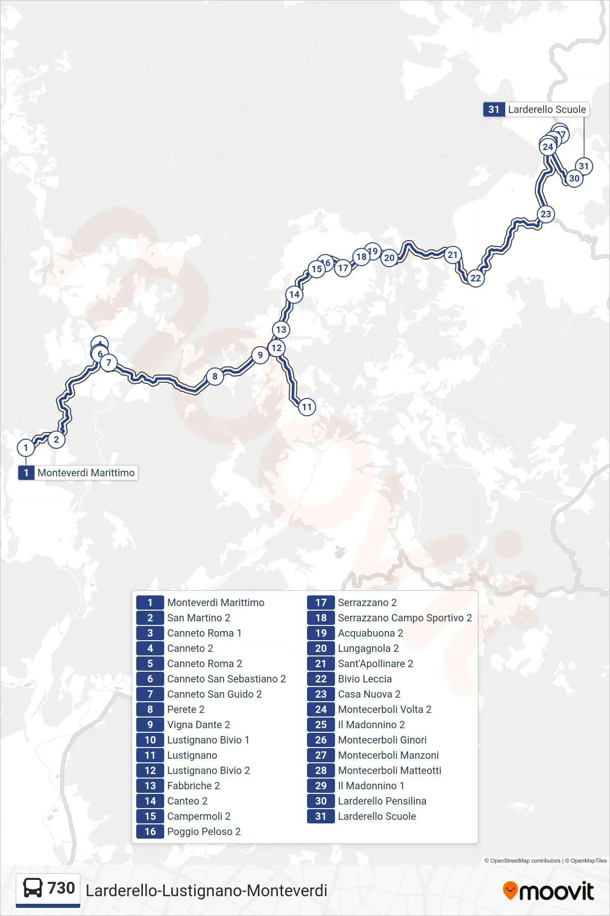 Linea 730  bus (Larderello Scuole) - Percorsi e fermate sulla mappa