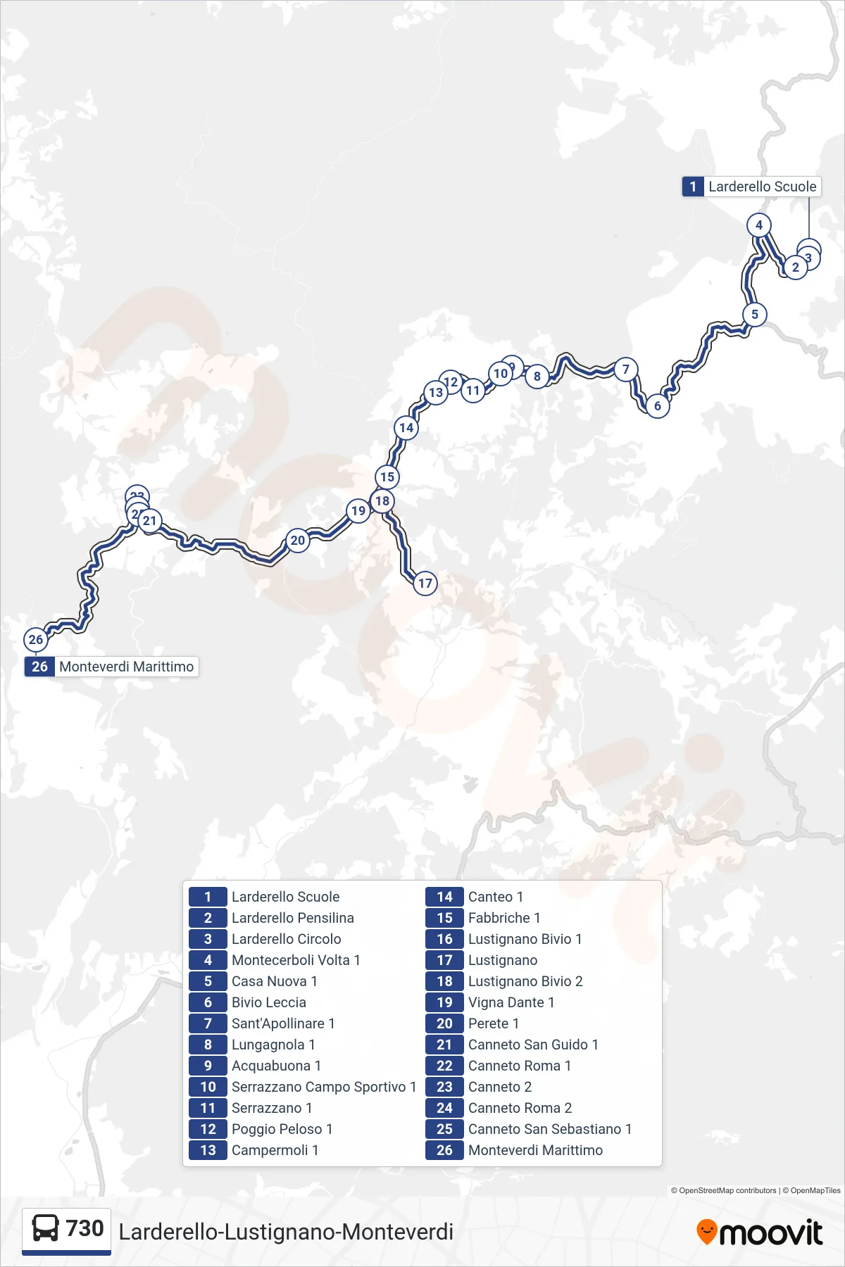 Linea 730  bus (Monteverdi Marittimo) - Percorsi e fermate sulla mappa