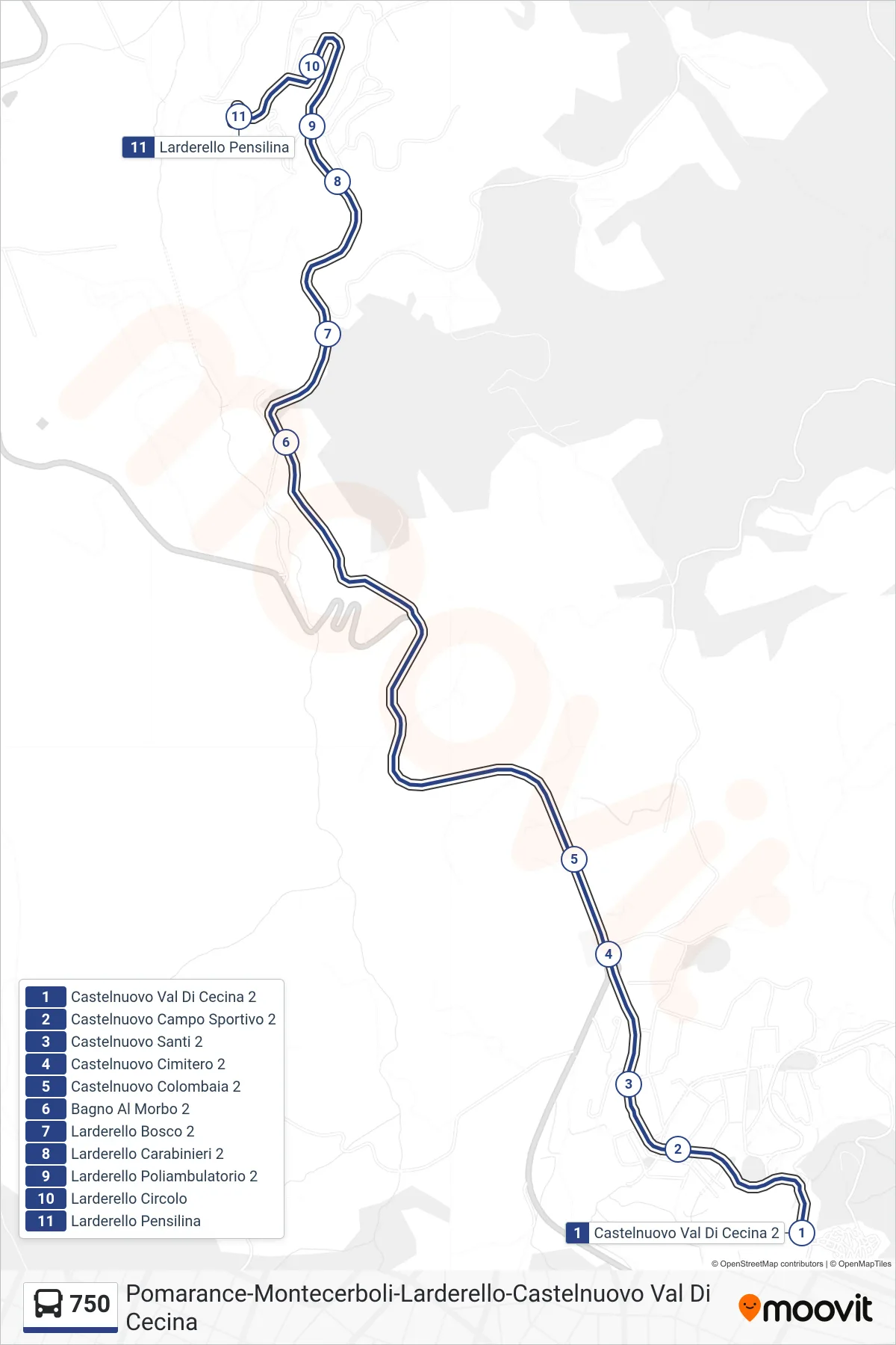 Linea 750  bus (Larderello Pensilina) - Percorsi e fermate sulla mappa