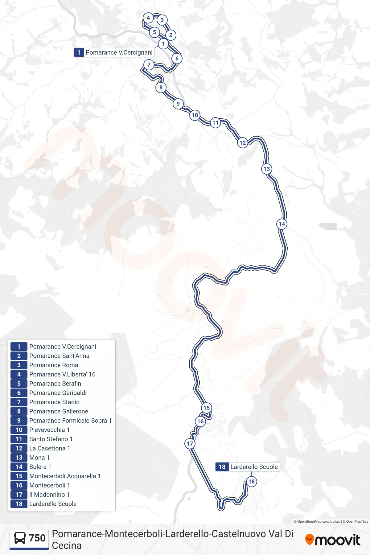 Linea 750 bus (Larderello Scuole) - Percorsi e fermate sulla mappa