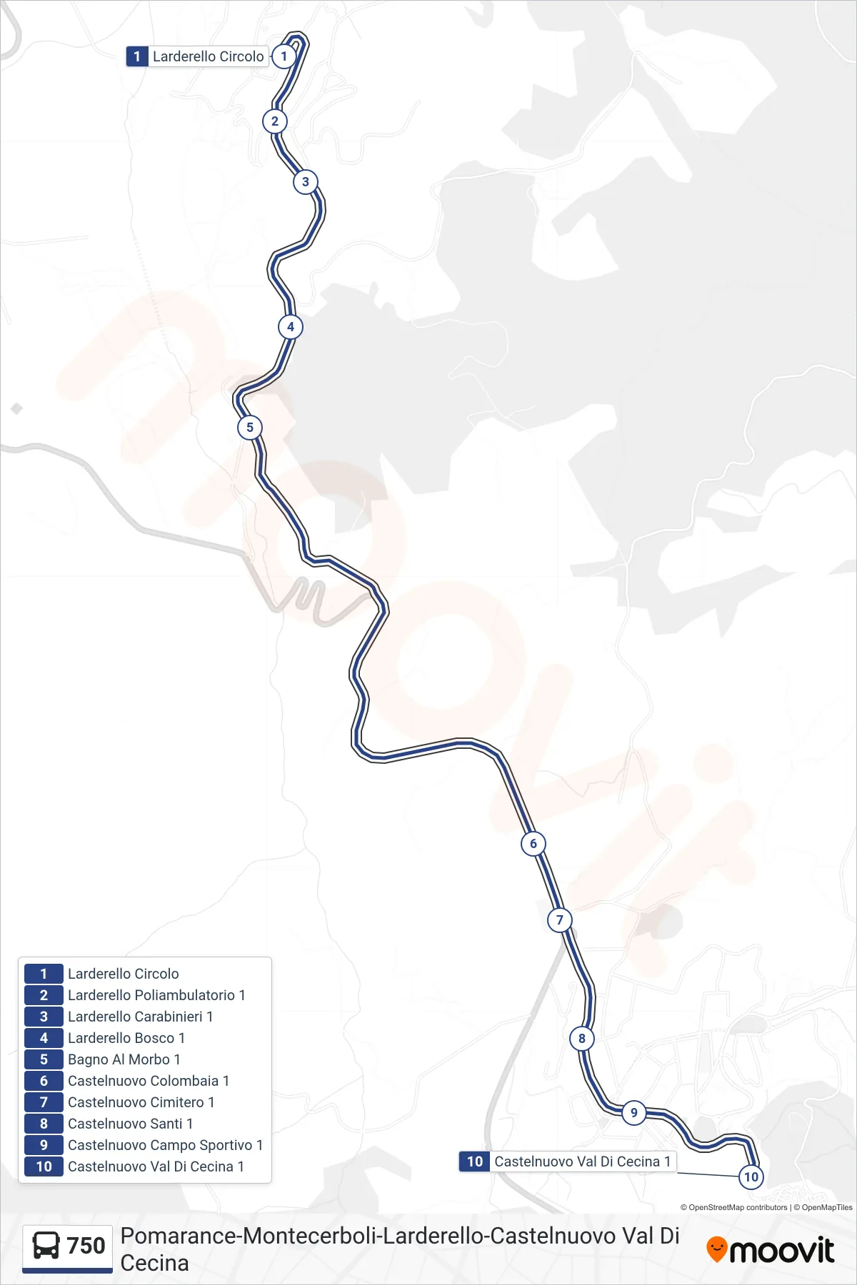 Linea 750  bus (Castelnuovo Val Di Cecina 1) - Percorsi e fermate sulla mappa