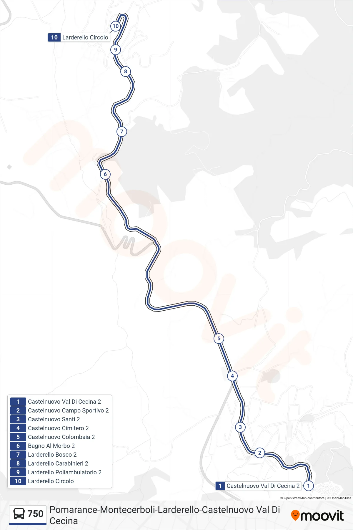 Linea 750 bus (Larderello Circolo) - Percorsi e fermate sulla mappa
