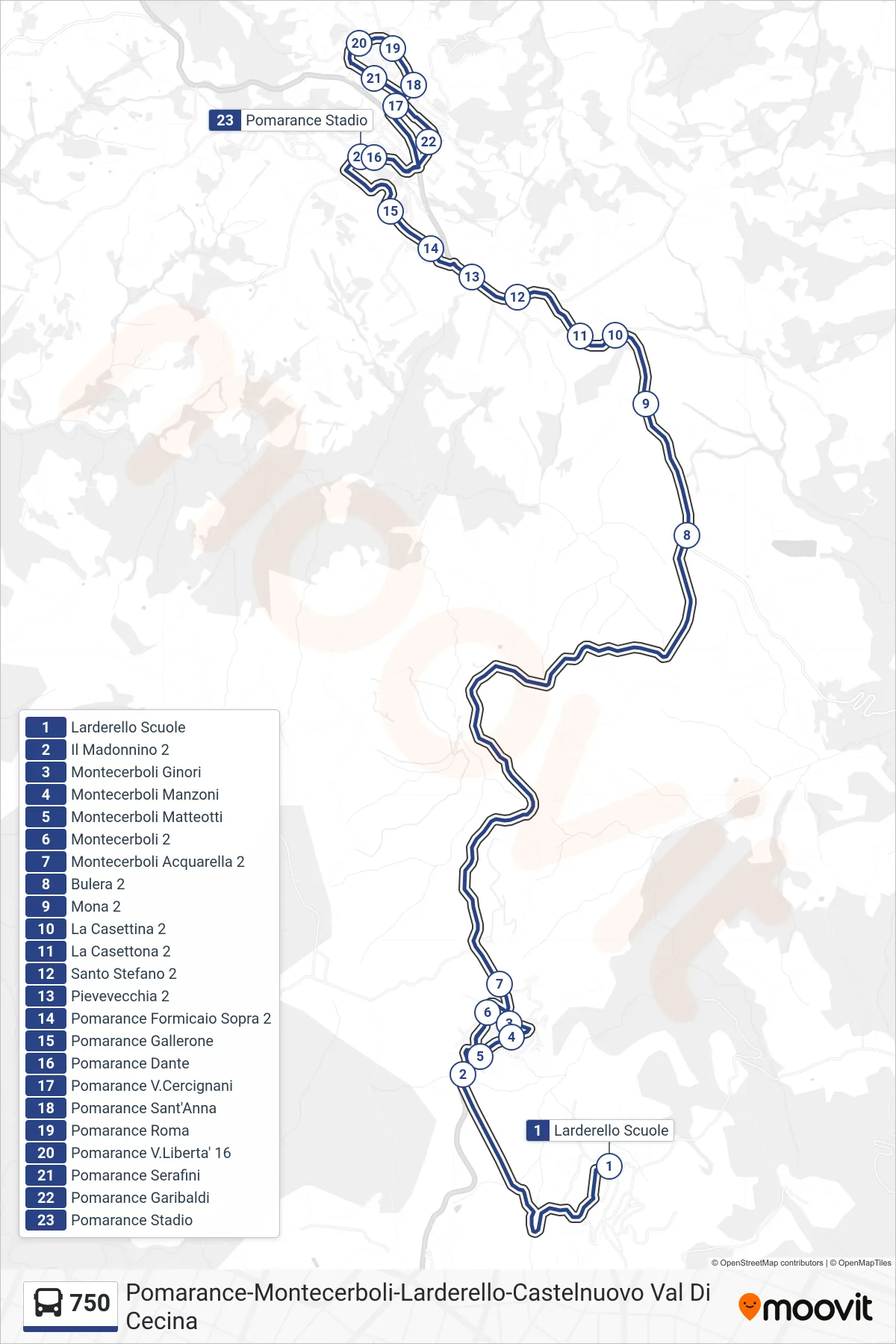 Linea 750 bus (Pomarance Stadio) - Percorsi e fermate sulla mappa
