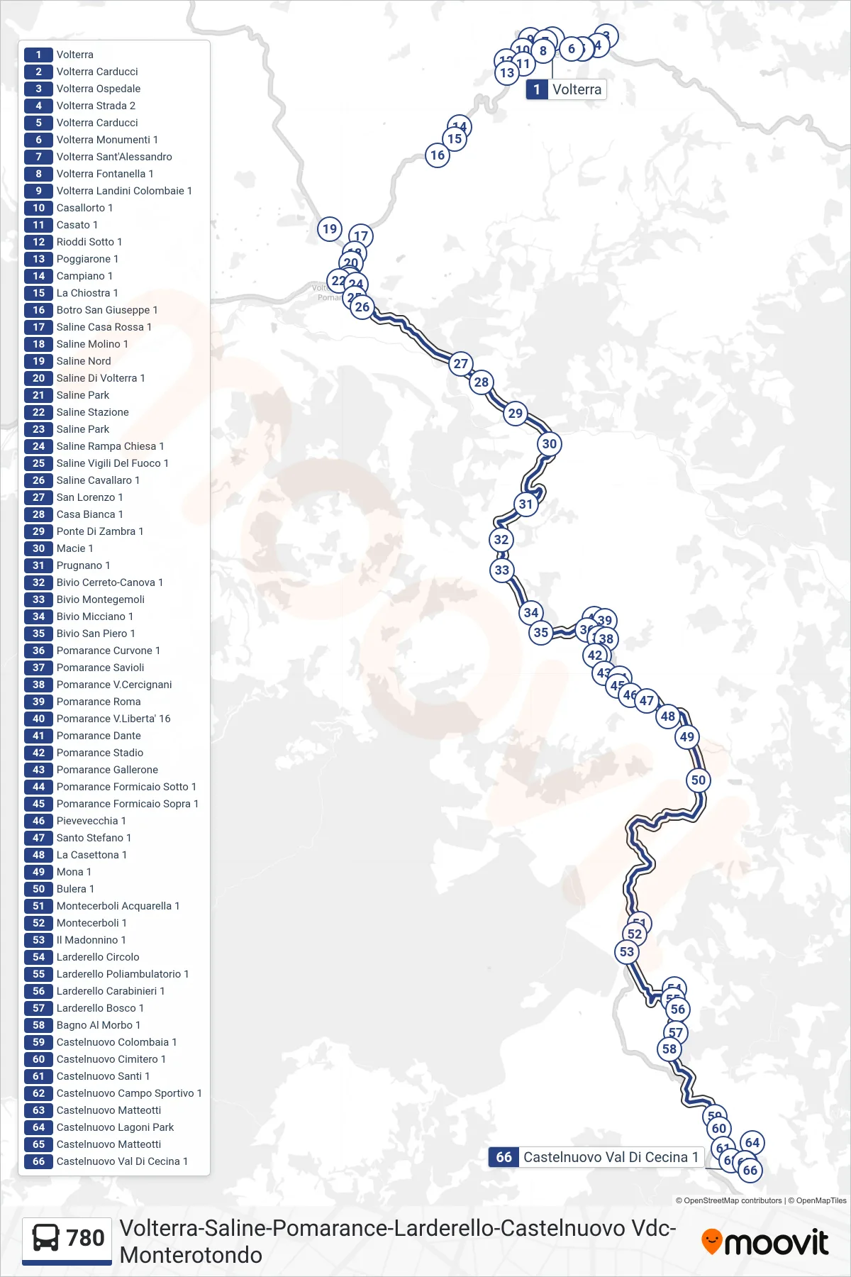 Linea 780 bus (Castelnuovo Val Di Cecina 1) - Percorsi e fermate sulla mappa