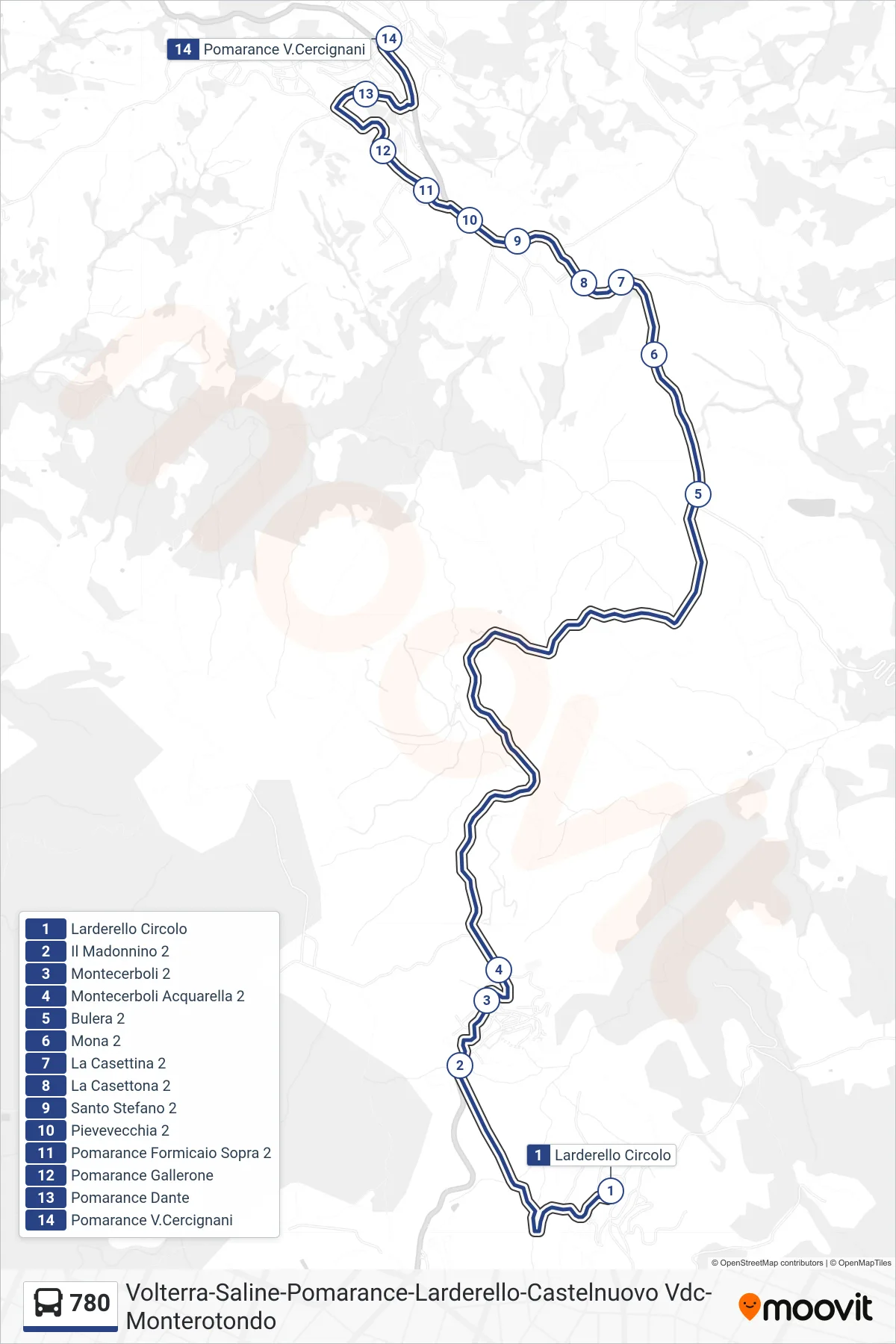 Linea 780 bus (Pomarance Cercignani) - Percorsi e fermate sulla mappa