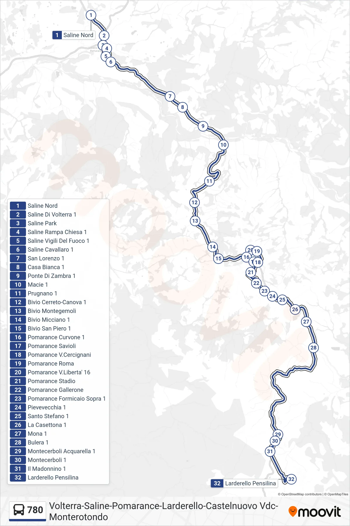 Linea 780 bus (Larderello Pensilina) - Percorsi e fermate sulla mappa