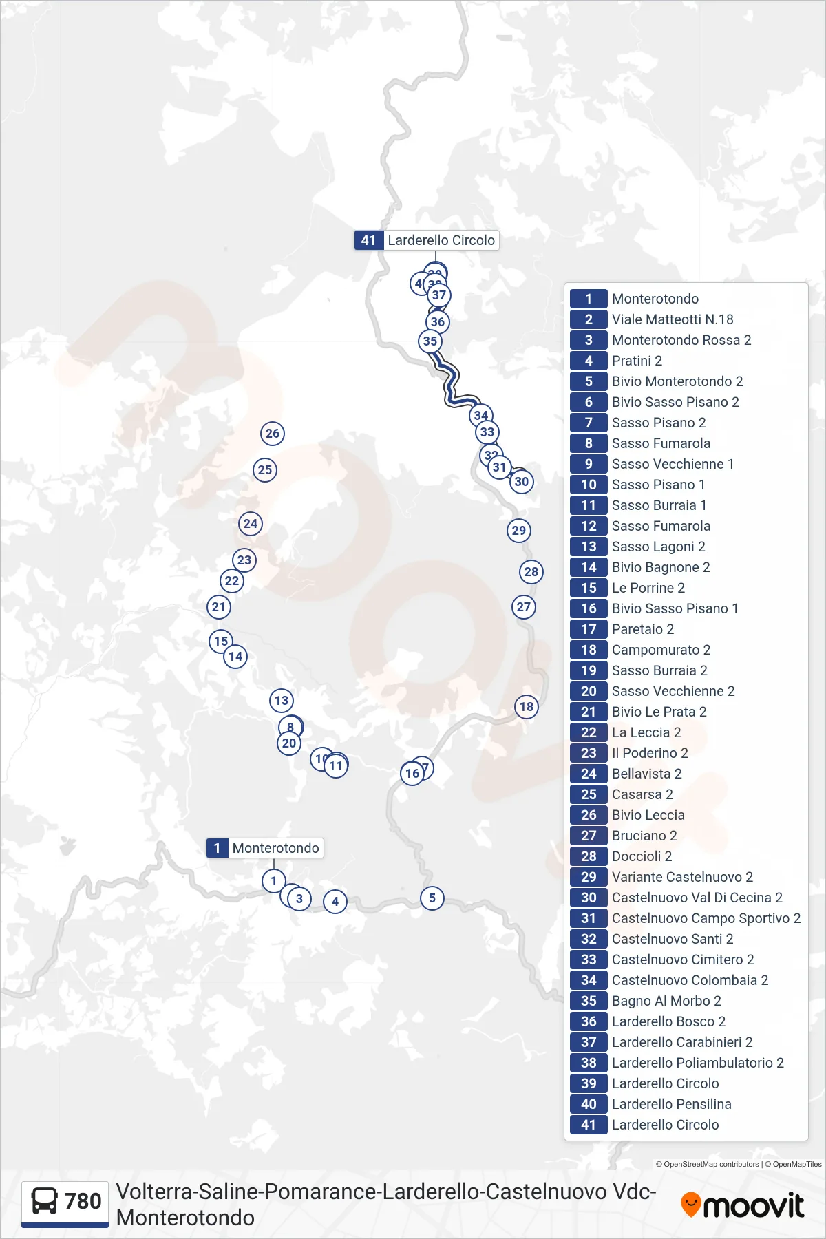 Linea 780  bus (Larderello Circolo) - Percorsi e fermate sulla mappa