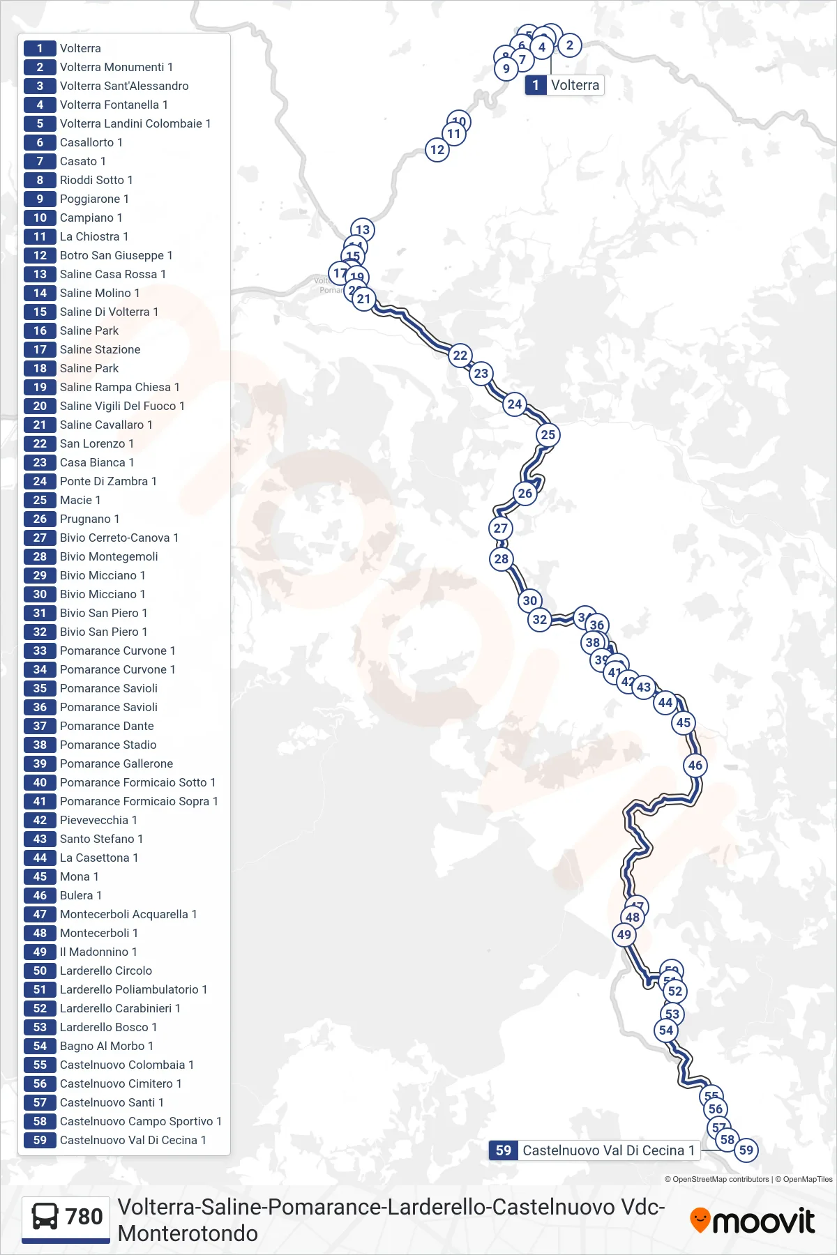 Linea 780  bus (Castelnuovo Val Di Cecina) - Percorsi e fermate sulla mappa