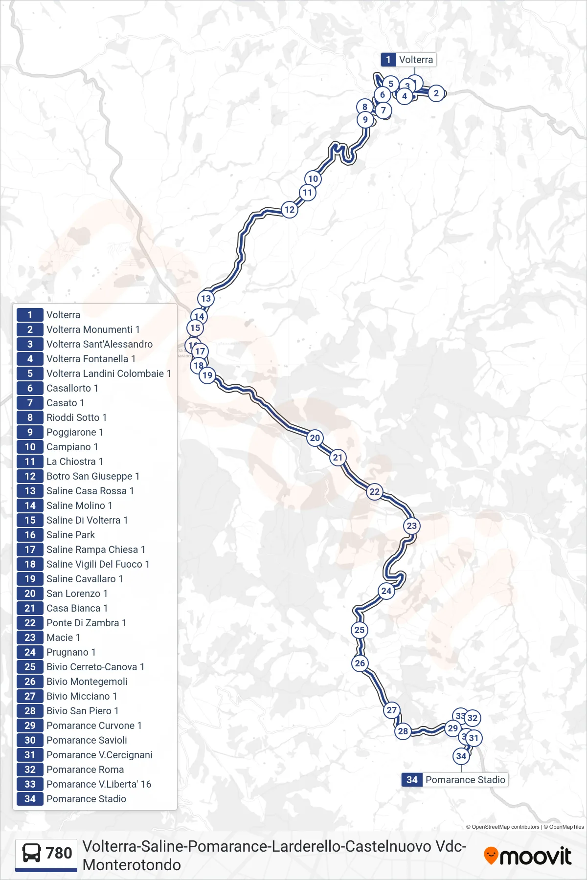 Linea 780 bus (Pomarance Stadio) - Percorsi e fermate sulla mappa