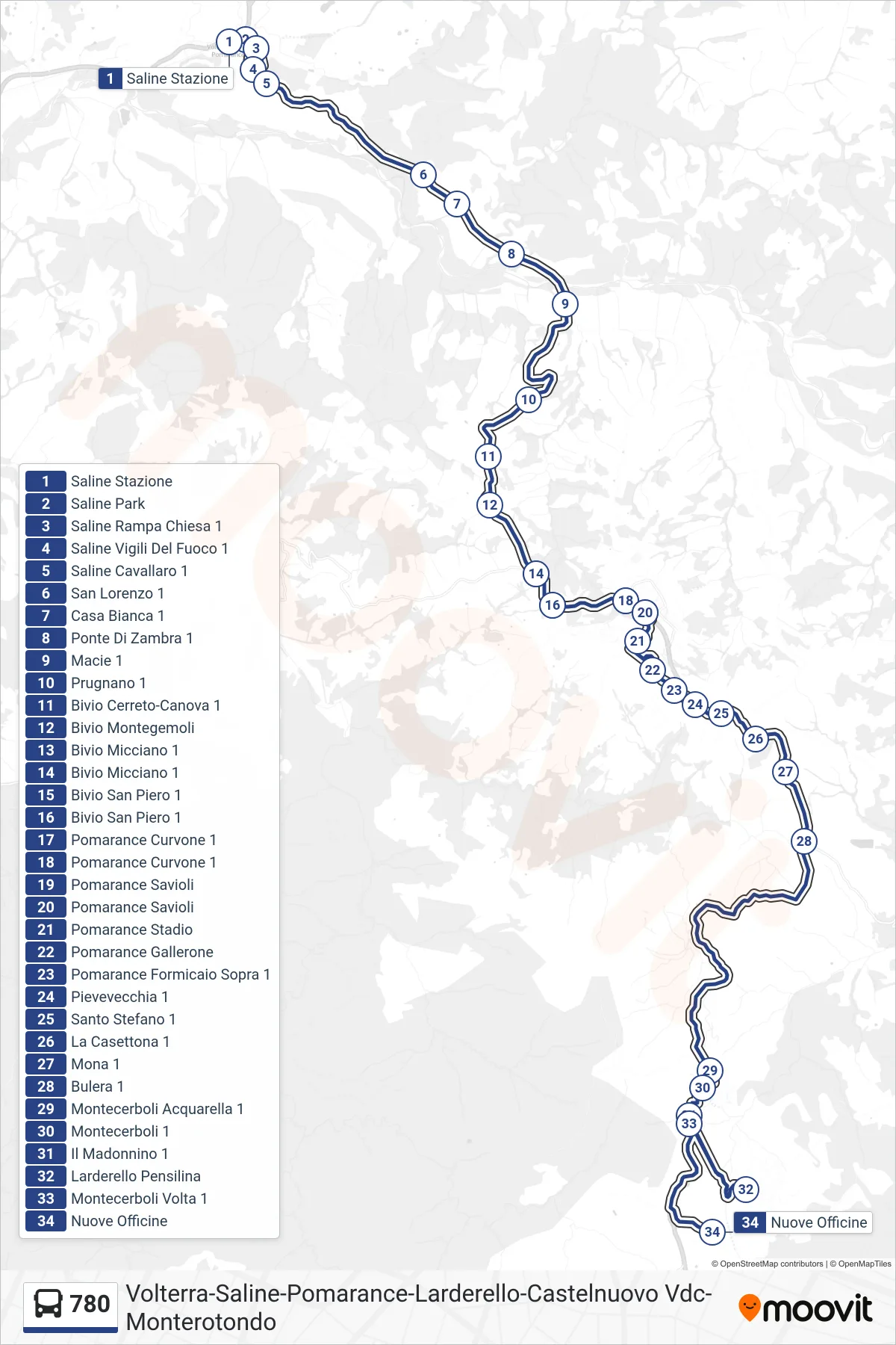 Linea 780 bus (Larderello Nuove Officine Enel) - Percorsi e fermate sulla mappa