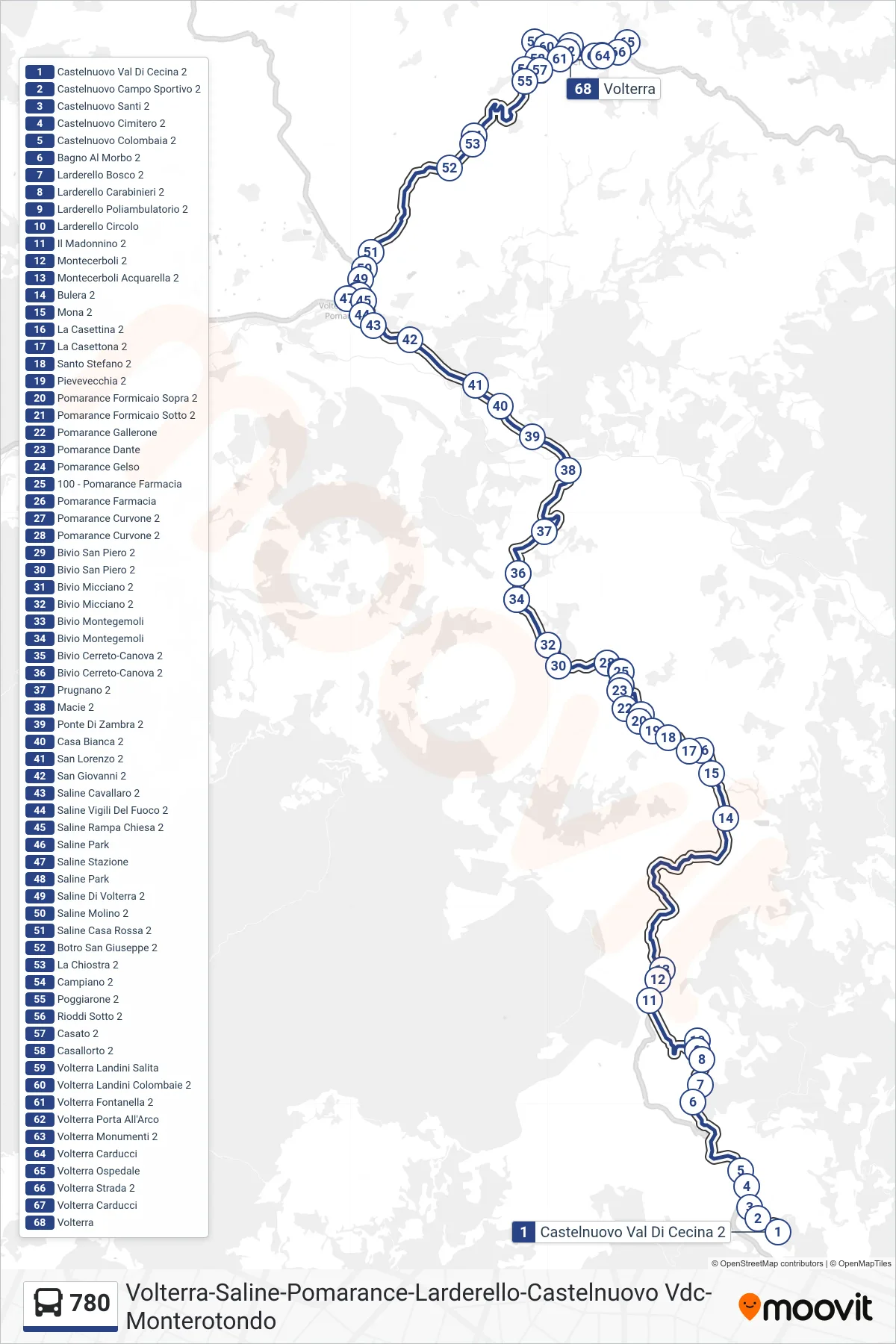 Linea 780 bus (Volterra P.za Martiri Della Libertà) - Percorsi e fermate sulla mappa