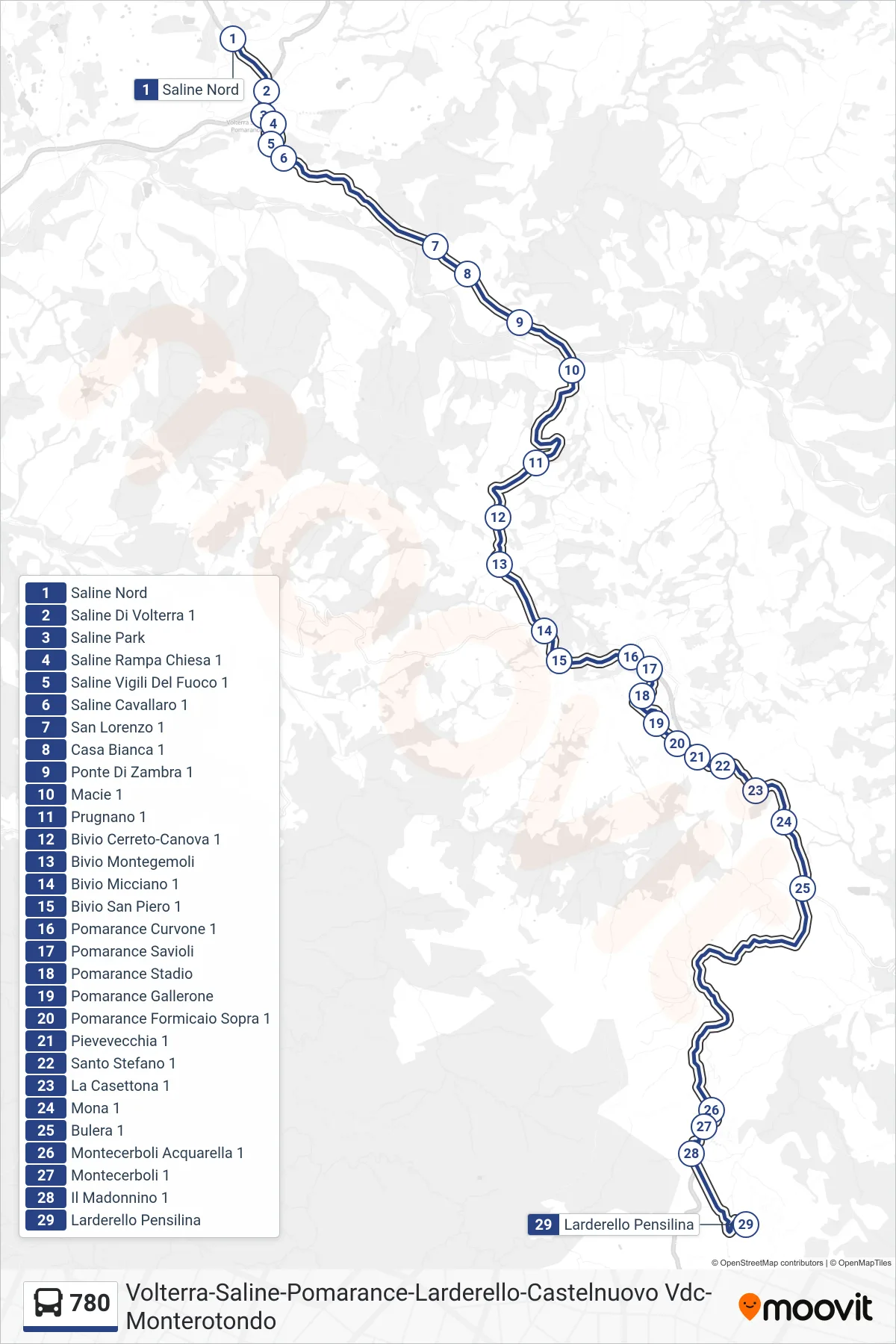 Linea 780 bus (Larderello Pensilina Enel) - Percorsi e fermate sulla mappa